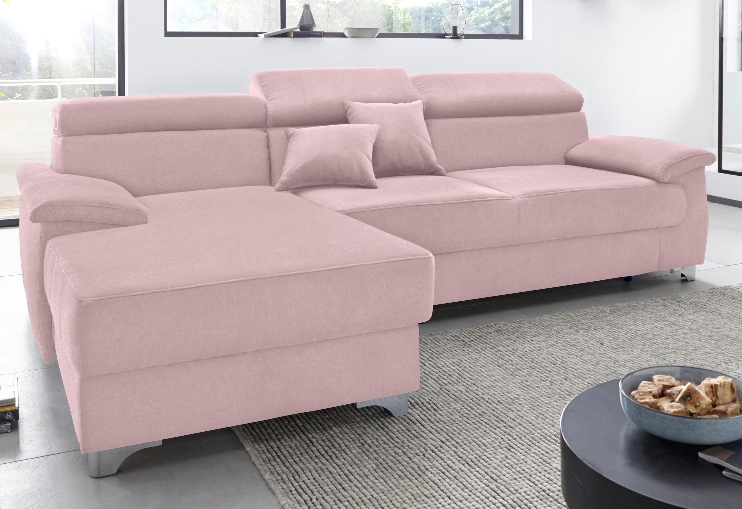 DOMO collection Ecksofa »Mira, inklusive Kopfteilverstellung für mehr Wohlfühlkomfort, L-Form«, wahlweise mit Bettfunktion und Bettkasten, elegant und modern