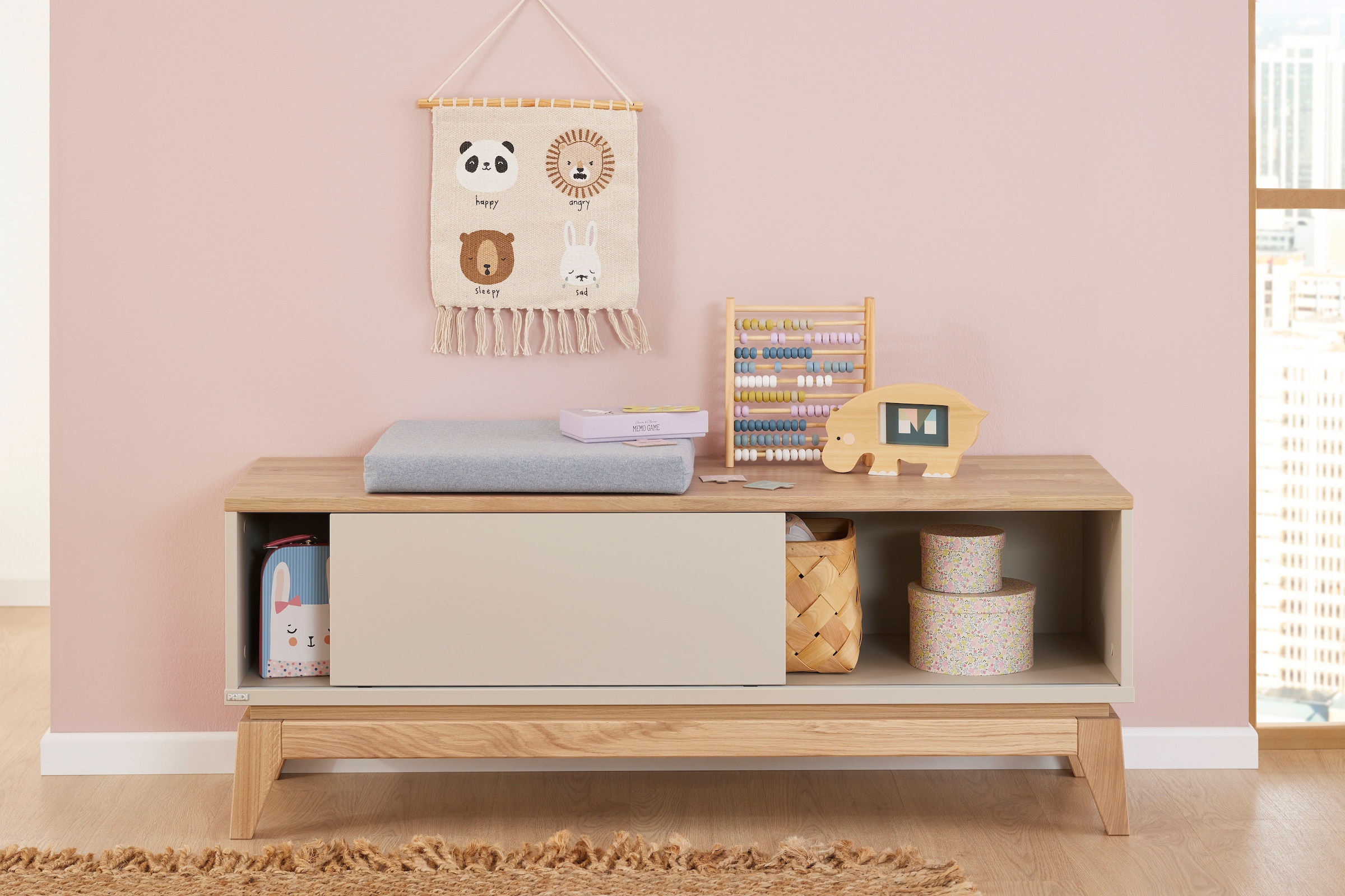 PAIDI Lowboard »STIENE in Beige oder Grau, 2 Fächer, Schiebetüre mit Soft-Close« B/H/T ca. 124/47/40cm,  stabiles Lowboard mit Massivholz, Sitzfunktion, TV-Board