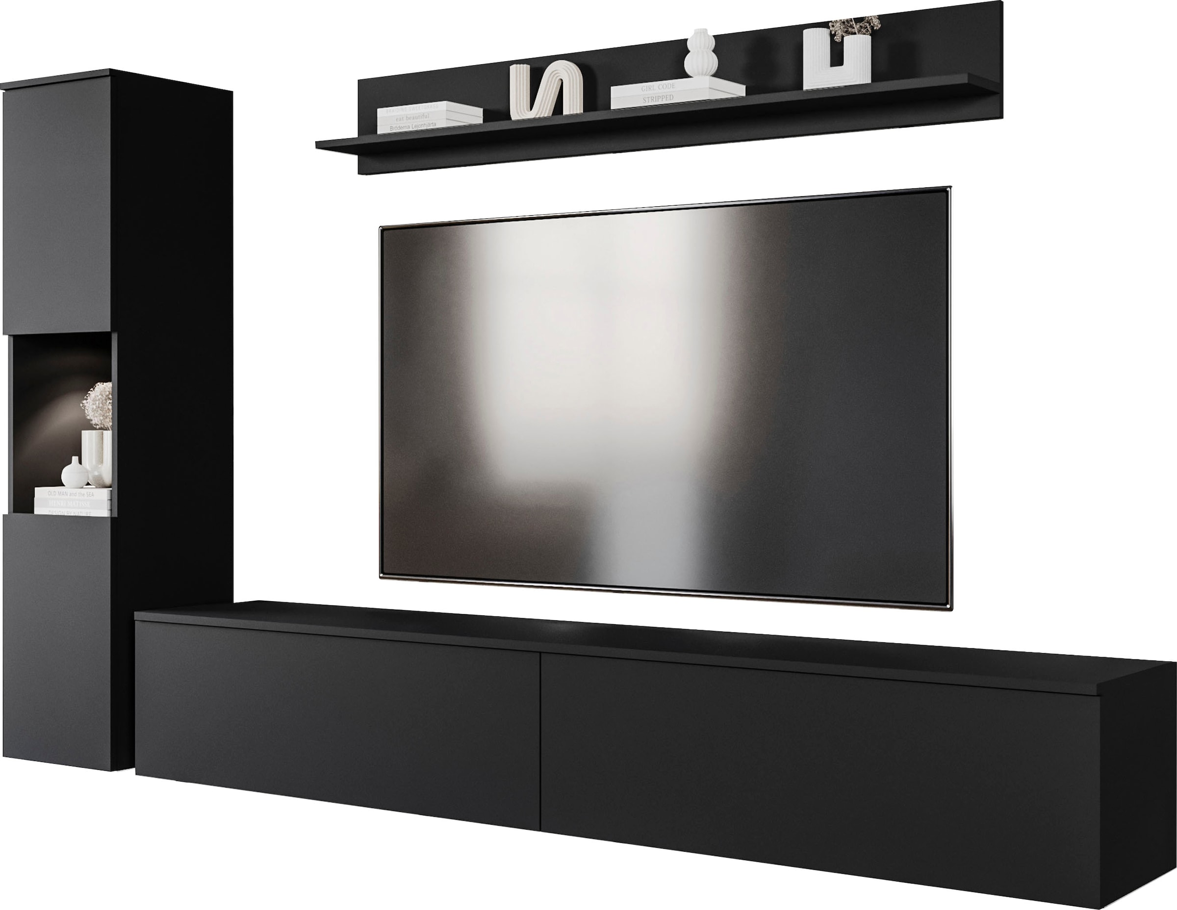 INOSIGN Wohnwand »PARIS, Vitrine Türanschlag links/rechts wechselbar«, (Komplett-Set, 3 St.), grifflose Design, stehend und hängend montierbar