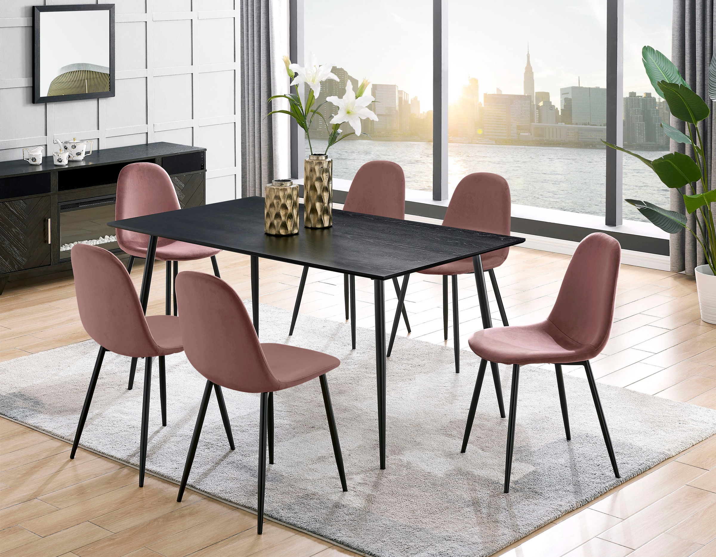 Leonique Essgruppe »Eadwine, TOPSELLER! Tisch plus 4 Stühle, Sitzgruppe«, (Set, 5 tlg., Esstisch plus 4 Esszimmerstühle), bestehend aus Esstisch 160 cm und 4 Esszimmerstühlen, Polsterstühlen
