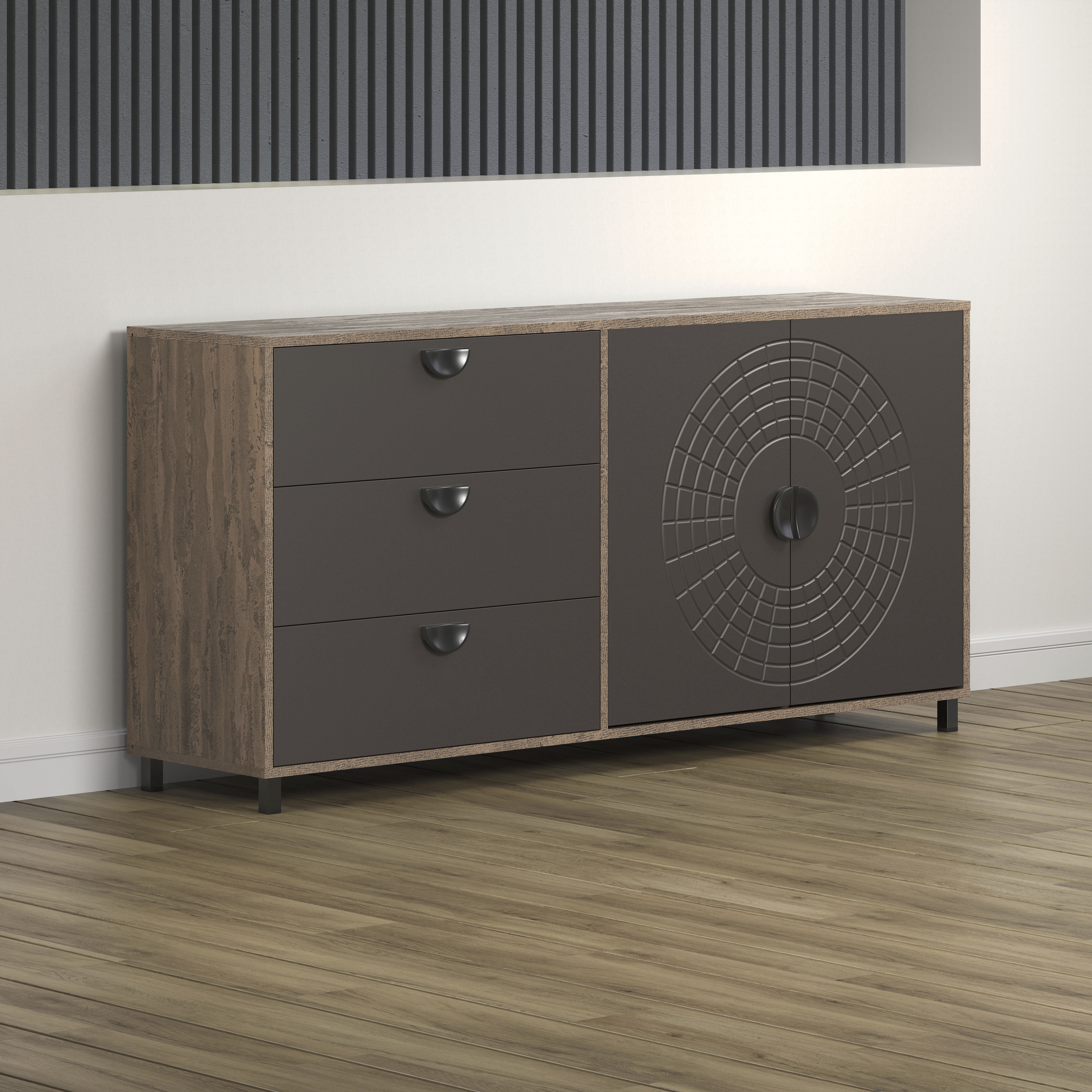 Home affaire Sideboard "Fusion" 1 Stk. tlg. Kommode mit markantem Kreismuster - Antikoptik - (B/T/H) 176/42/86 cm