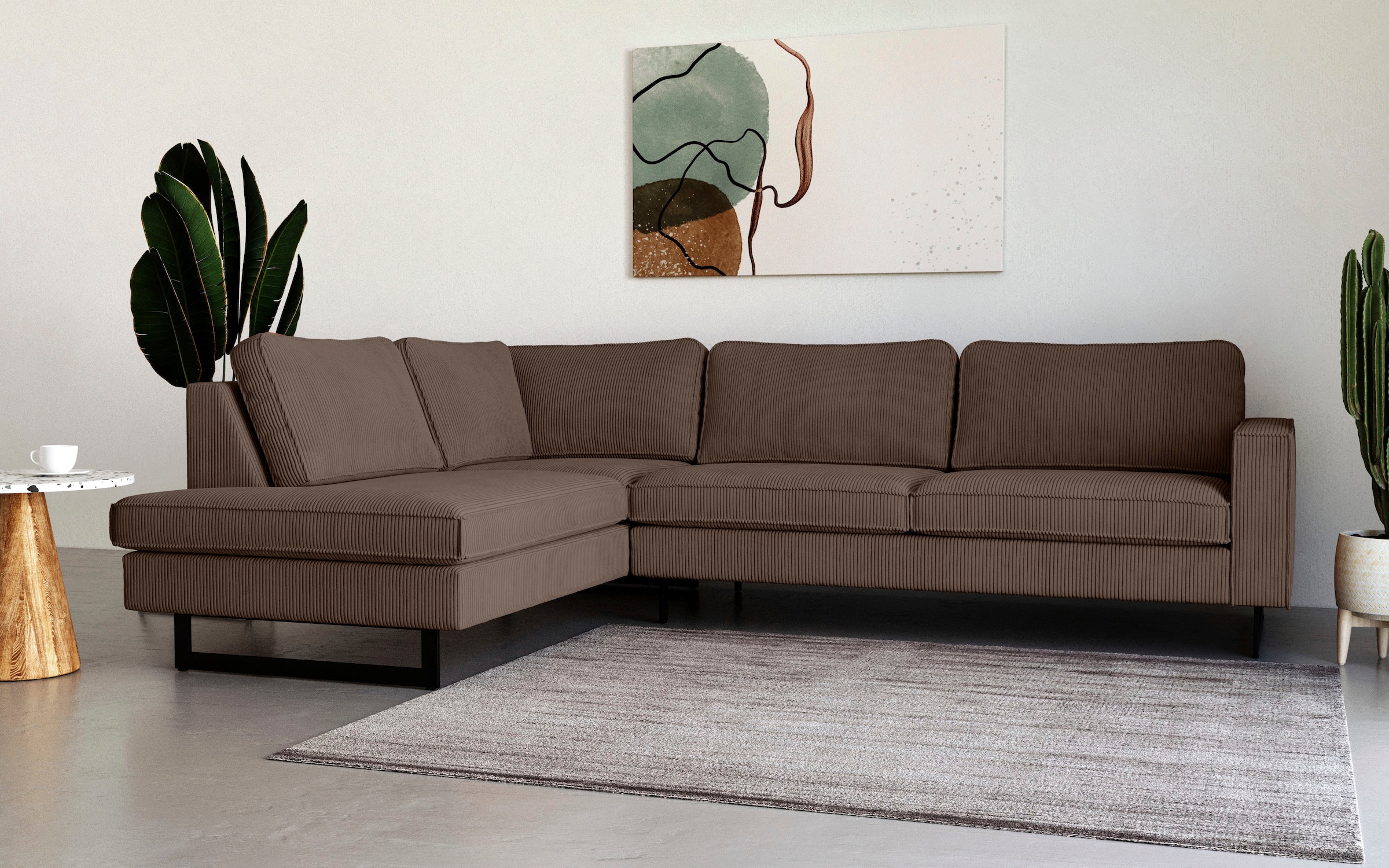Places of Style Ecksofa »Pinto, 290 cm, Cord, Chenille, Lederoptik, Ottomane links / rechts«, mit Keder, schwarze Metallfüße, Wellenunterfederung
