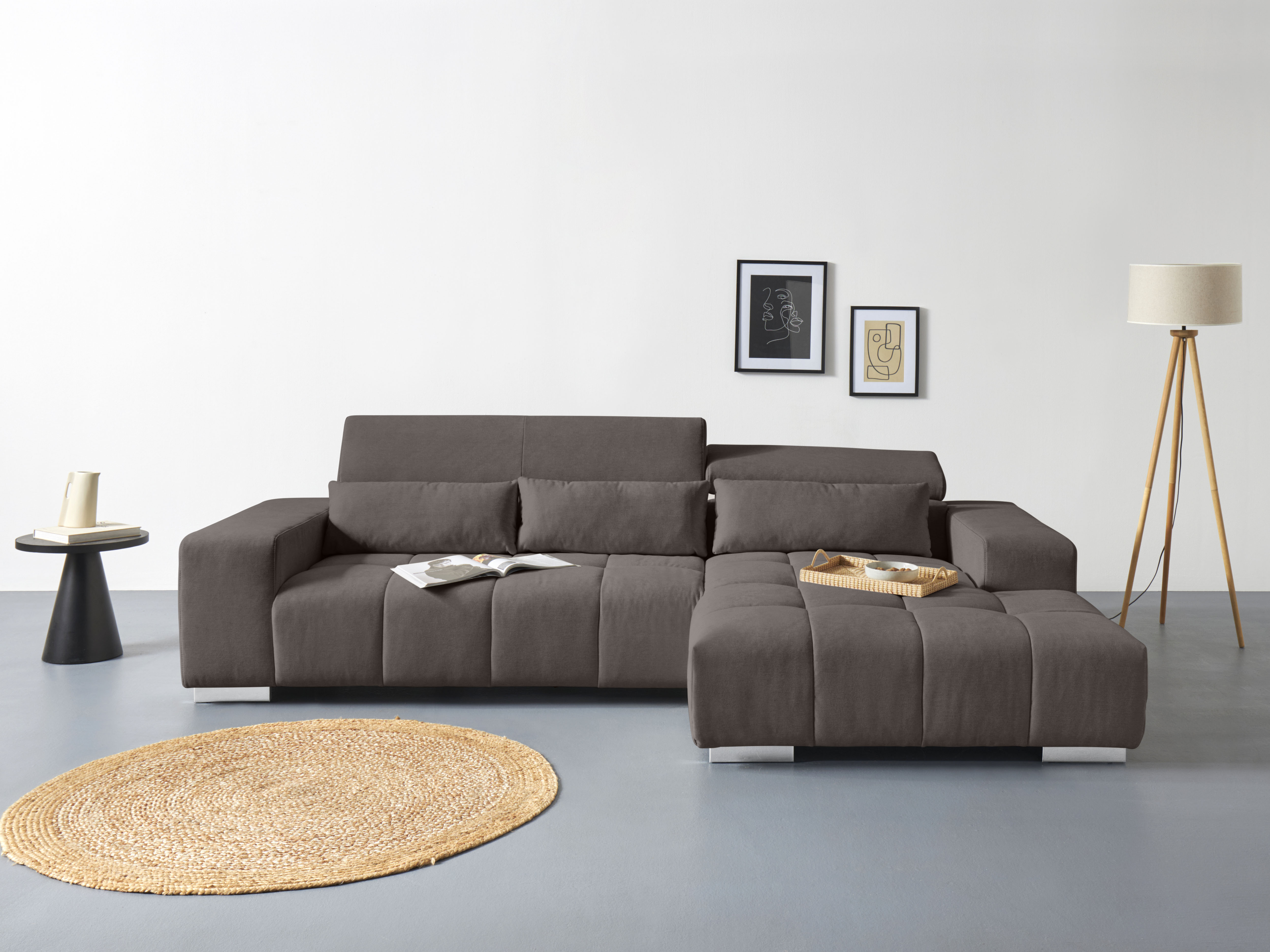 COTTA Ecksofa "Orion L-Form, B: 307 cm, moderne Steppung, bequeme Wellenunterfederung" 2x Kopfteilverstellung & 3 Nierenkissen