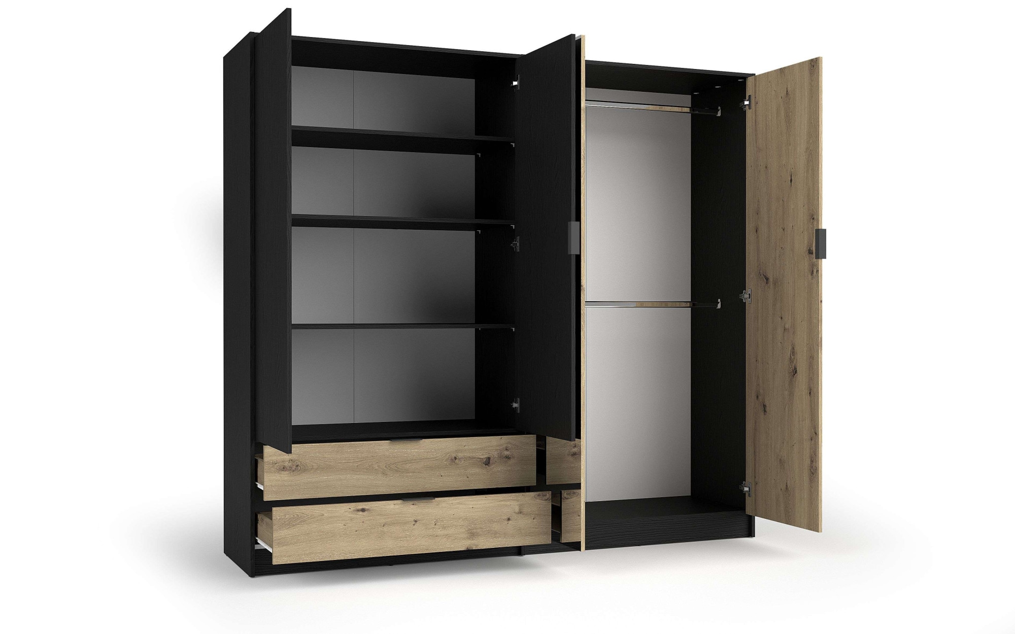 Home affaire Kleiderschrank »PERY mit Spiegel, 2 Schubladen, 4 Fächer und 2 Kleiderstangen« Garderobe mit 4 Türen und schwarzen Griffen, Maße B/T/H: 220/54/203cm