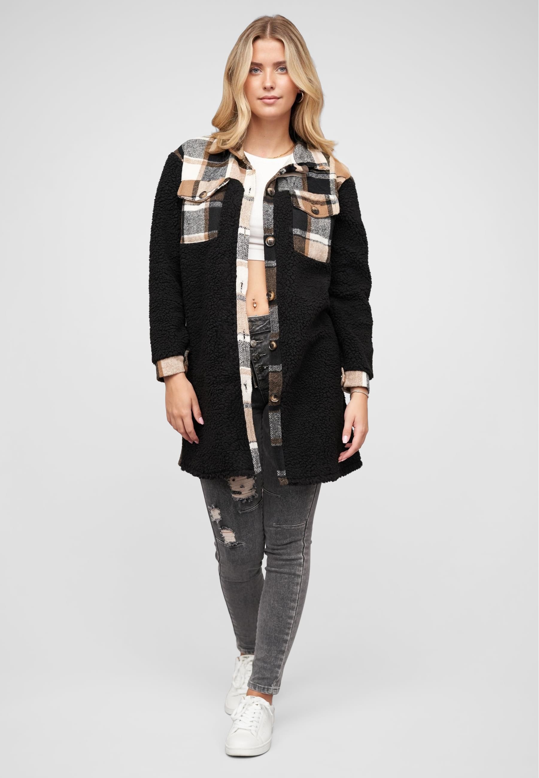 CLOUD 5IVE Winterjacke »CLOUD 5IVE Teddyfell Shacket-Jacke Mantel mit 2 Brusttaschen«, (1 St.), ohne Kapuze