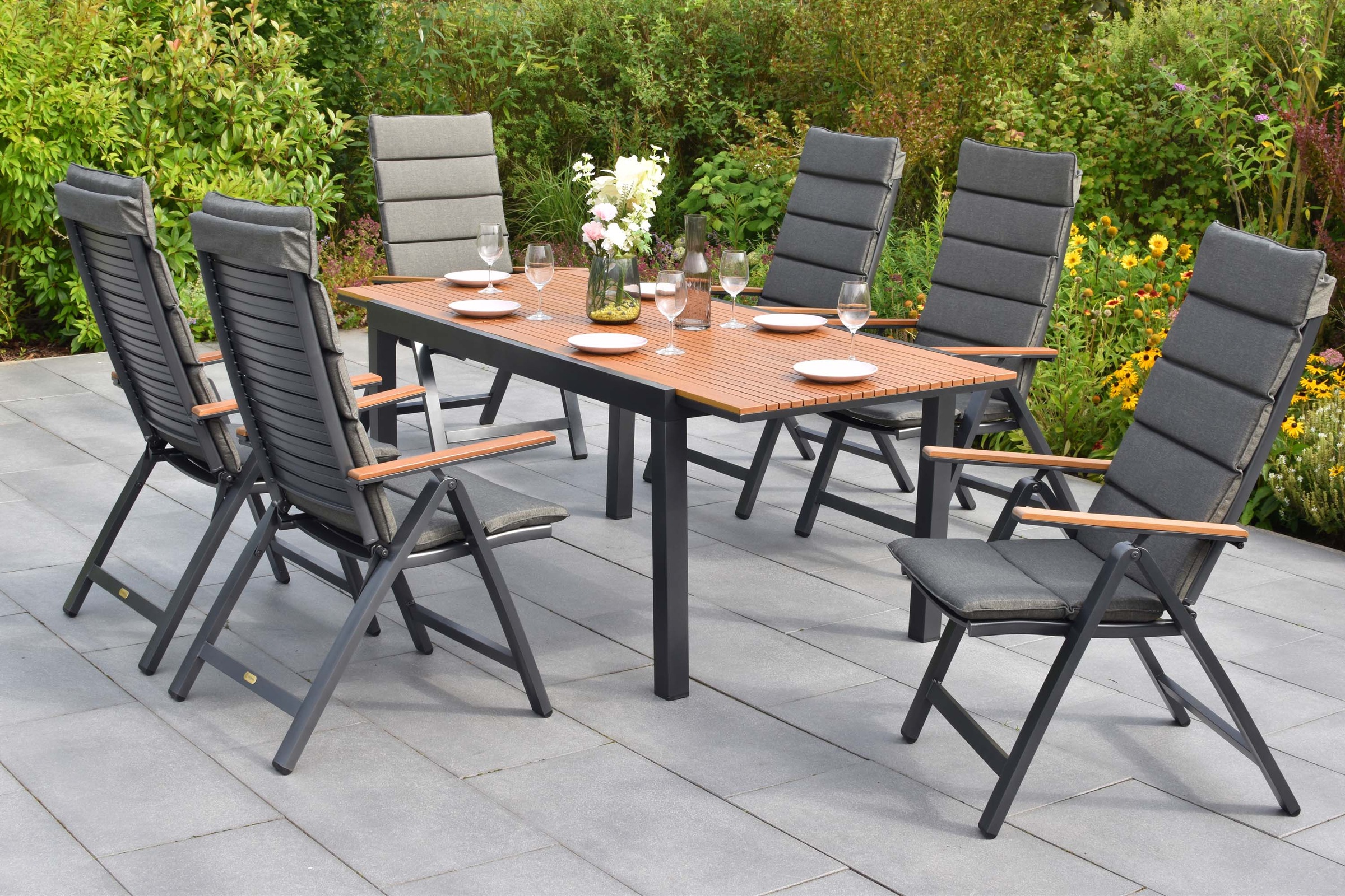 MERXX Garten-Essgruppe »Astros« Set, 13 tlg. inkl. 6 Klappsessel, 6 Auflagen, 1 Ausziehtisch