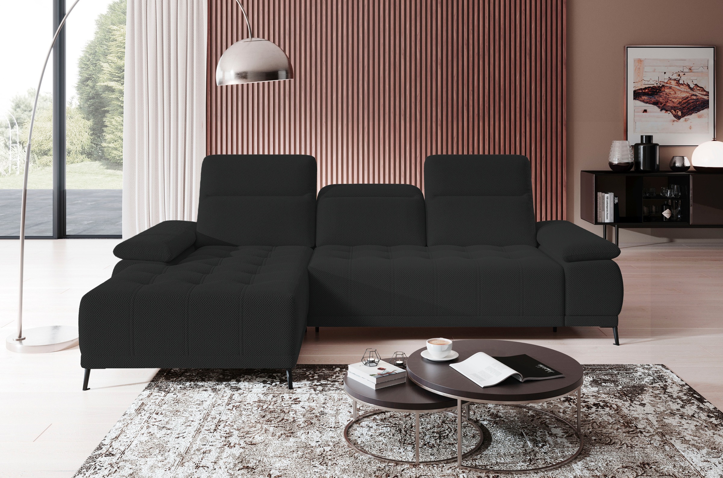 WERK2 Ecksofa "Focus-S 277 x 177 cm modern und bequem" Webstoff, L-Form, XXL, elektrische Sitztiefenverstellung