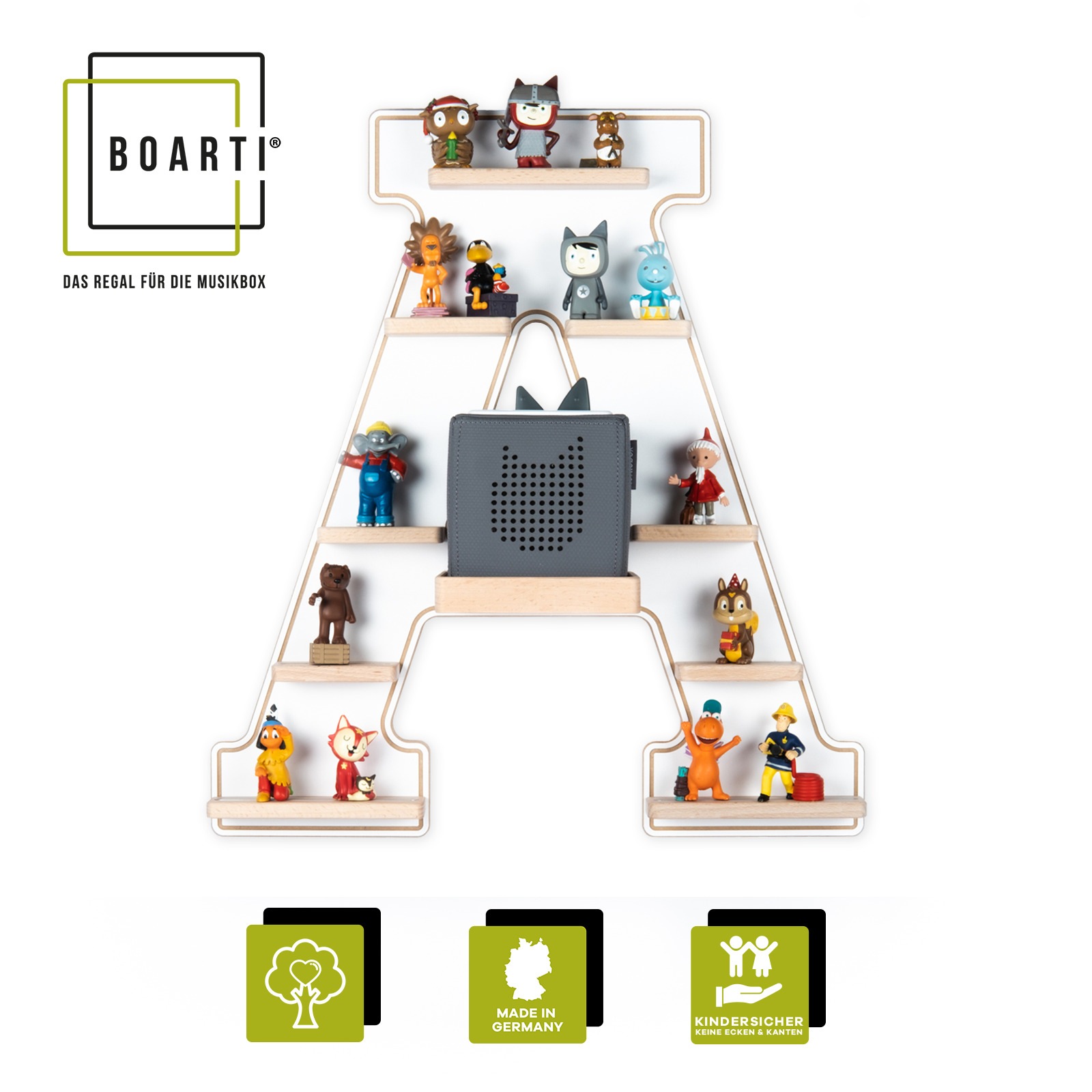 Boarti Wandregal »BOARTI Kinderregal hängend | platzsparendes Regal | Maße: H. 54 x B. 49 x T. 19 cm | stabiles Tonieregal für Toniebox und Tonie Aufbewahrung mit Magneteinsätzen | Aufbewahrungsregal | Tonieregal - Buchstabe A«
