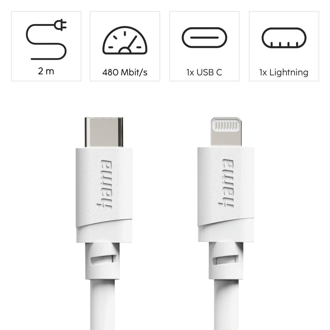 Hama USB-Kabel »USB-C auf Lightning Ladekabel 1 m weiß« Lightning | USB-C 200 cm Schnellladen, 480 Mbit/s, MFi zertifiziert, 3 A Strom