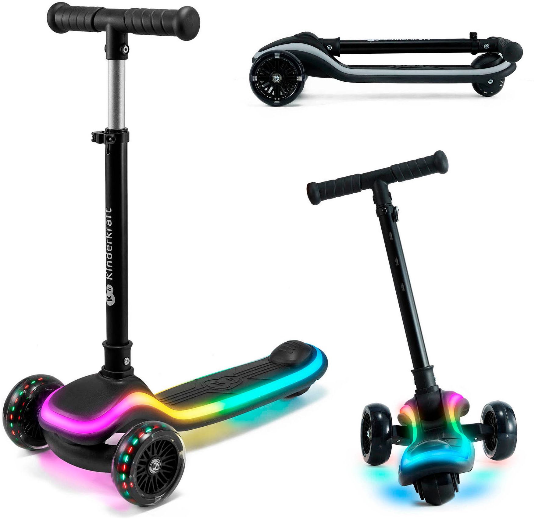 KINDERKRAFT Kinder Tretroller "RAKET"schwarz, B:28cm, Roller, für Kinder; mit Bremse und leuchtenden Vorderrädern