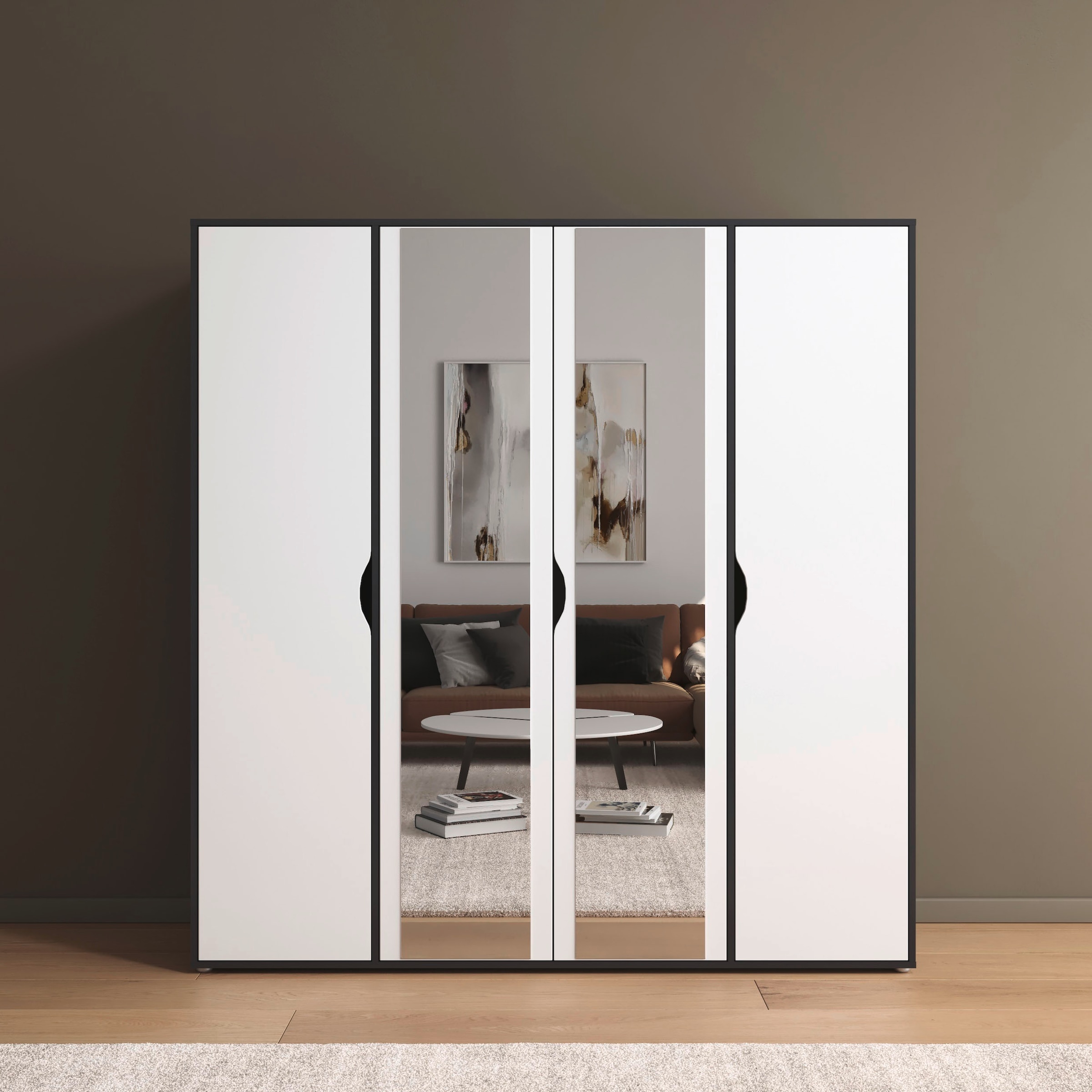 rauch Drehtürenschrank "Kleiderschrank Schrank Garderobe Wäscheschrank NARAI mit Spiegel" in 3 verschiedenen Ausstattungen BASIC/CLASSIC/PREMIUM, Griffausfräsungen für eine grifflose Optik TOPSELLER MADE IN GERMANY