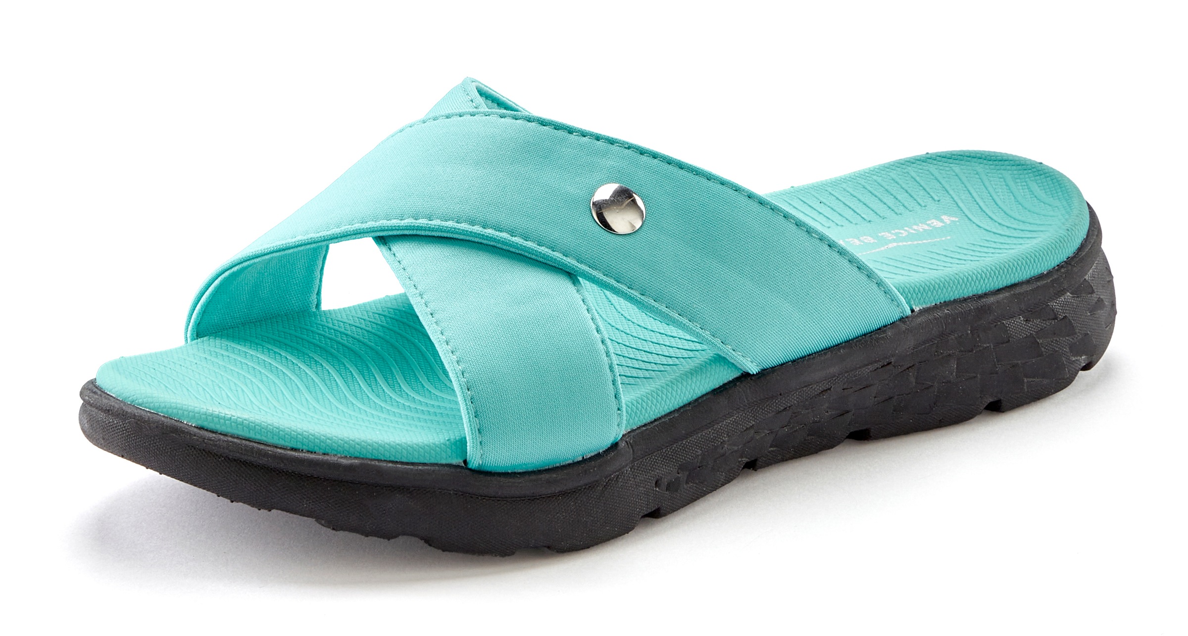 Badepantolette VENICE BEACH "Sandale, Badeschuh, Pantolette, Badelatsche, Flip Flop, Badeschlappe", Damen, Gr. 38, blau (türkis), Obermaterial: 100% Textilmaterial. Decksohle: 100% Synthetik. Futter: 100% Textilmaterial. Laufsohle: 100% Synthetik, gemuste 2
