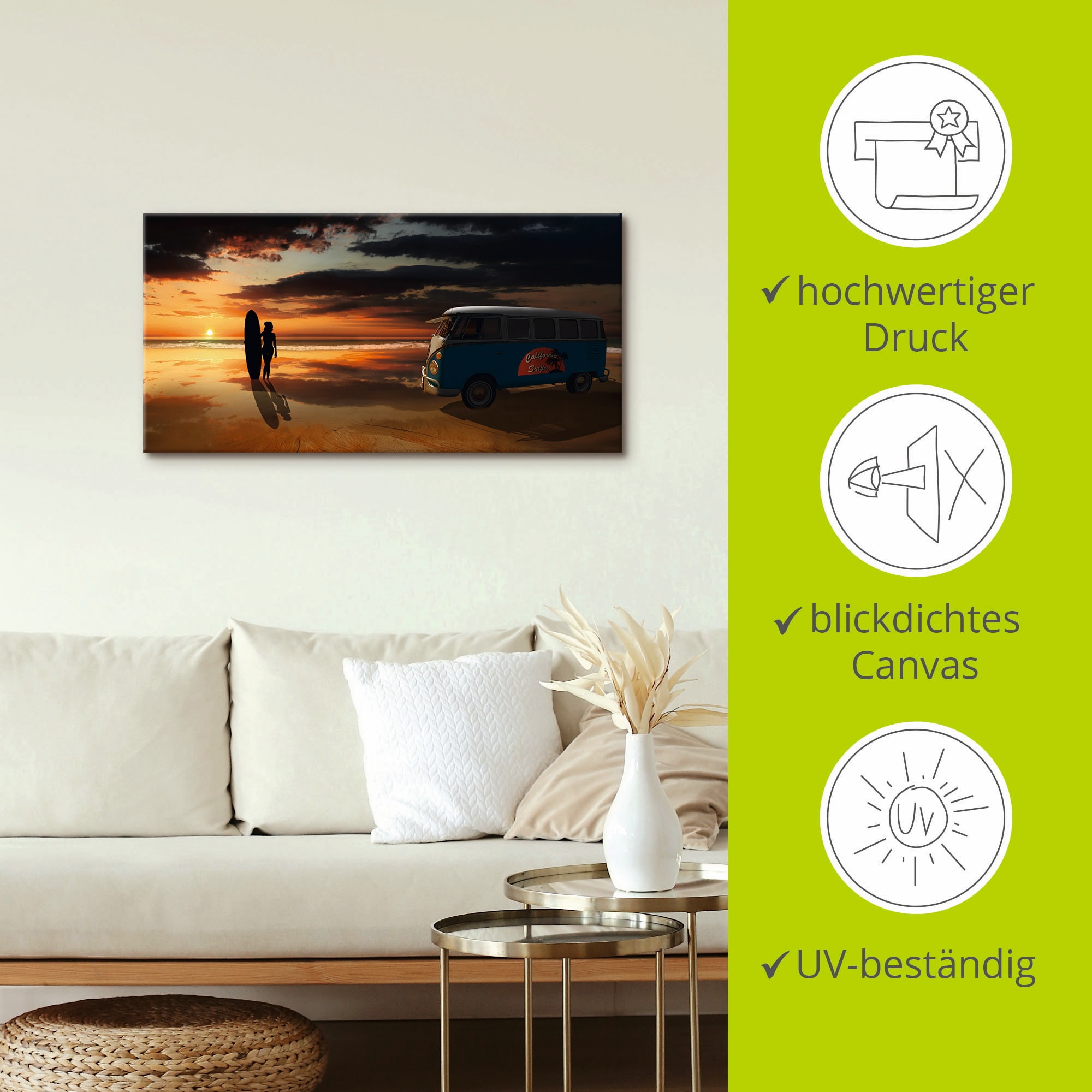 Artland Wandbild »Surfen in Kalifornien mit Bulli T1«, Küste, (1 St.), als Alubild, Outdoorbild, Leinwandbild, Poster, Wandaufkleber