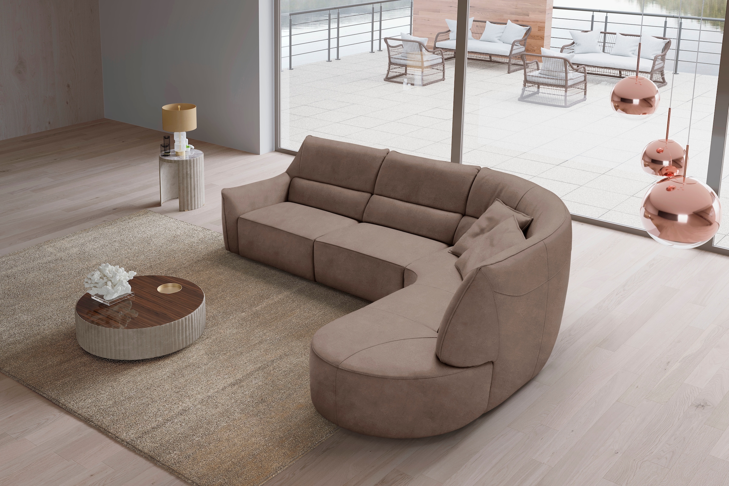 Egoitaliano Ecksofa "Puffy, extravagant & edel, Retro Designsofa, hoher Sitzkomfort, L-Form" mit Ottomane, wahlweise mit und ohne elektrischer Relaxfunktion