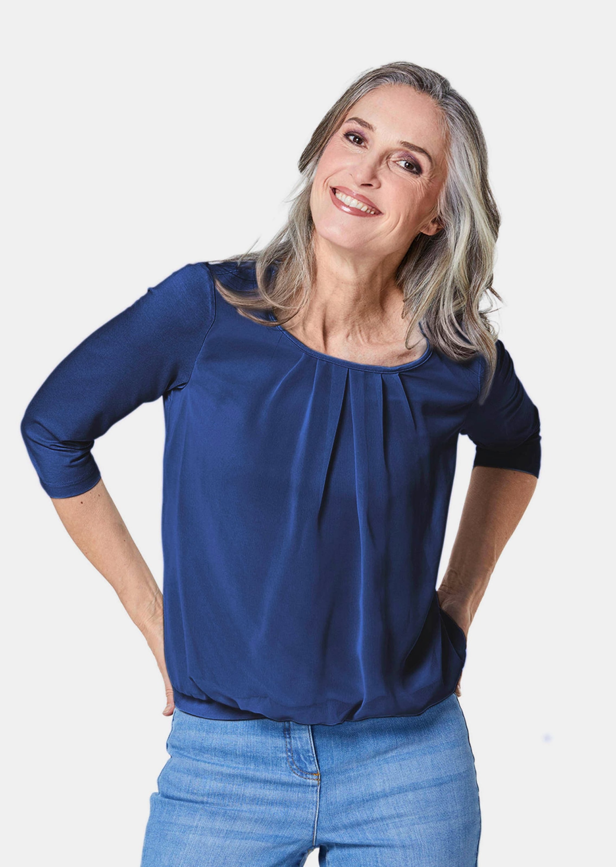 GOLDNER Kurzarmbluse »Chiffon-Shirt mit 3/4-Arm, Rundhals«