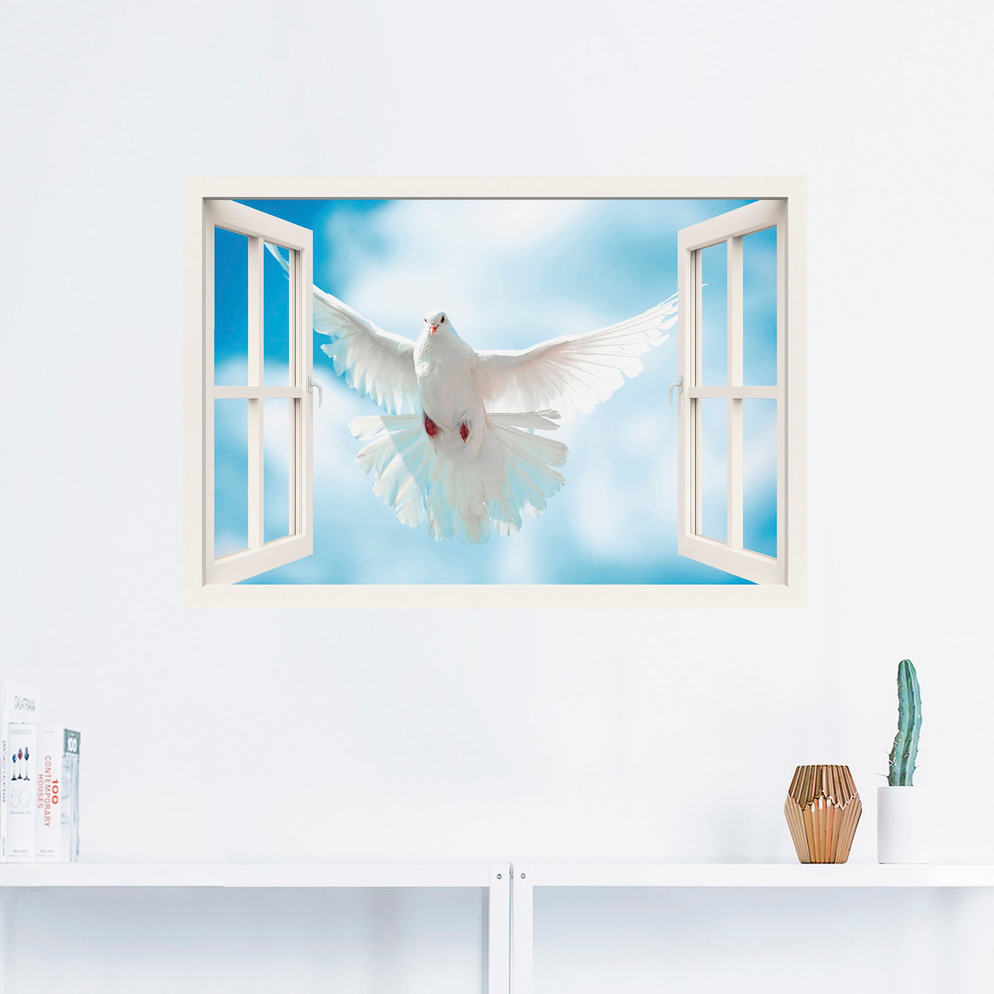 Artland Wandbild »Fensterblick Taube vor BAUR der Größen oder in Leinwandbild, St.), | (1 Poster Sonne«, Wandaufkleber als Vögel, versch. bestellen Alubild