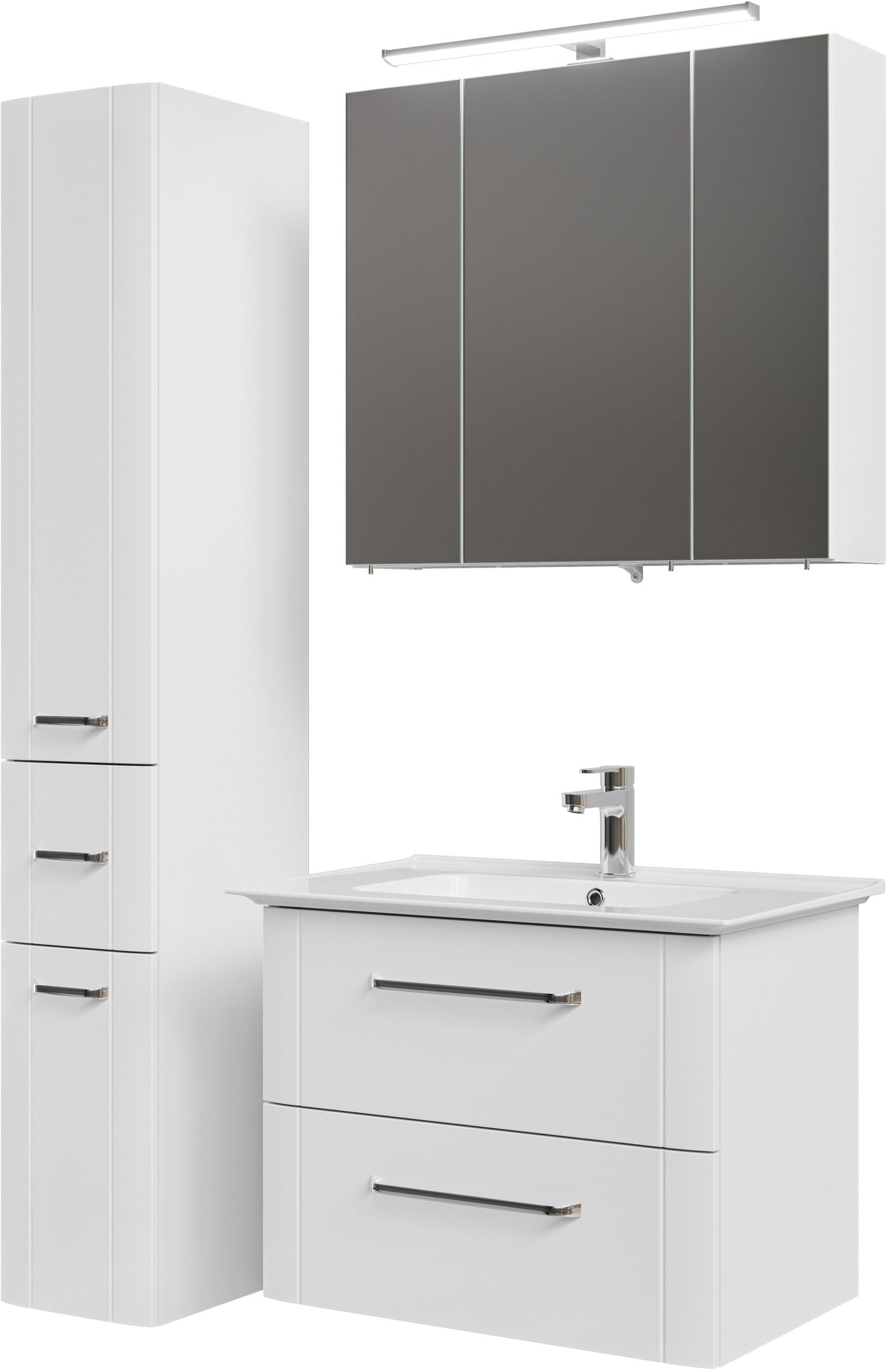 Saphir Badmöbel-Set »Badmöbel-Set Serie 3006 3-teilig Keramik-Waschtisch mit Spiegelschrank«, (4 St.), Badezimmer-Set mit Hochschrank, inkl. Türdämpfer