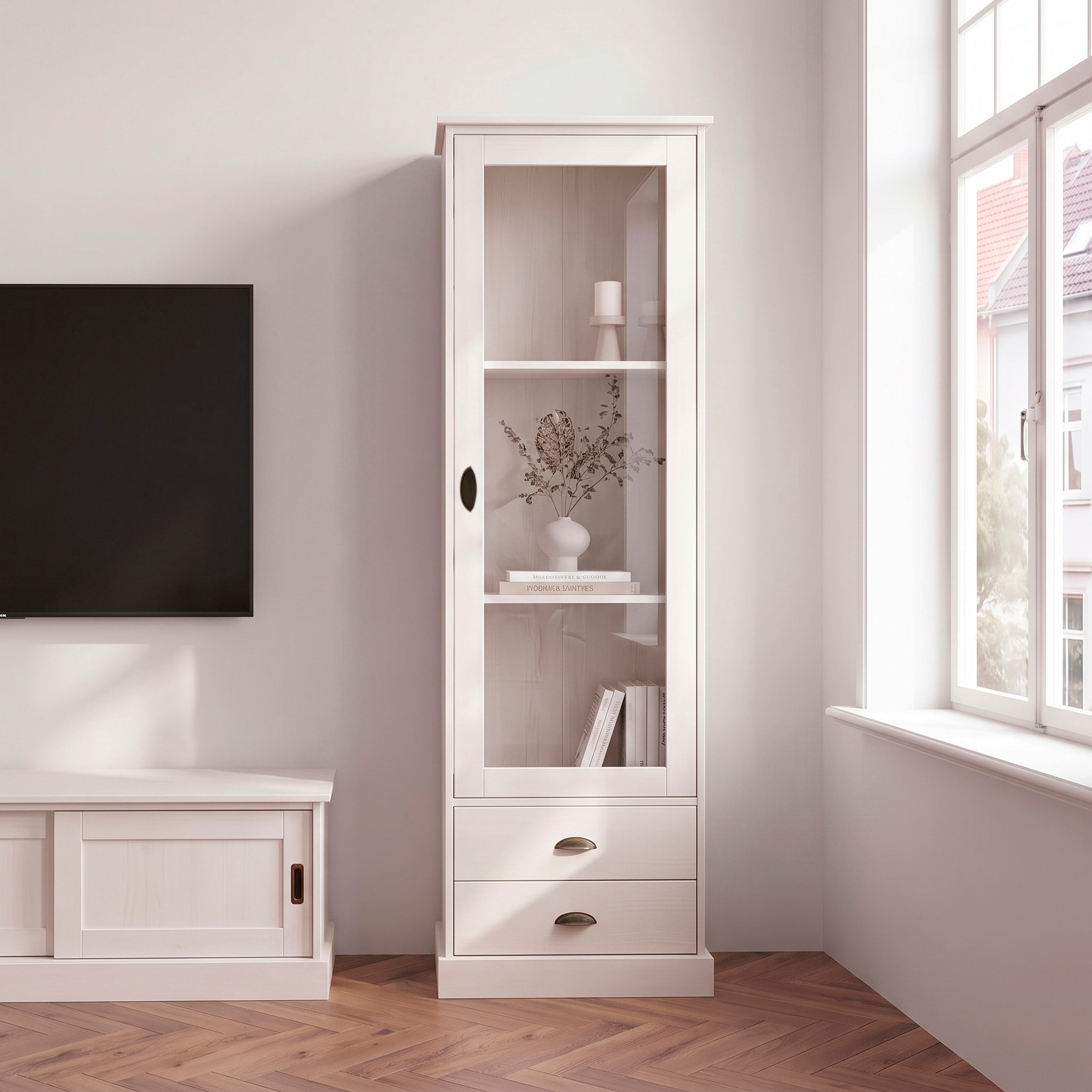 OTTO home Vitrine »Schröder« mit 1 Schiebetür, 2 Schubkästen, aus massivem Kiefernholz, Breite 55cm