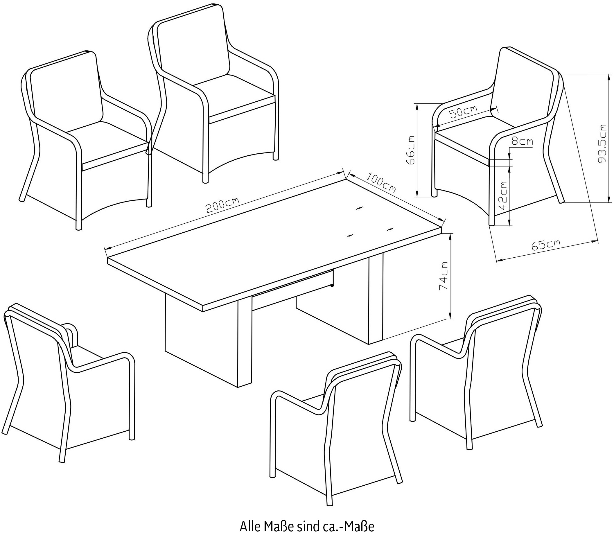 KONIFERA Garten-Essgruppe »»Menorca«« Set, 6x Sessel, 1x Tisch 200x100x75 cm, inkl. Auflagen, Alu, Polyrattan, 19 Stk. tlg. Polyrattan, Aluminium, Tischplatte aus 5mm starkem Sicherheitsglas