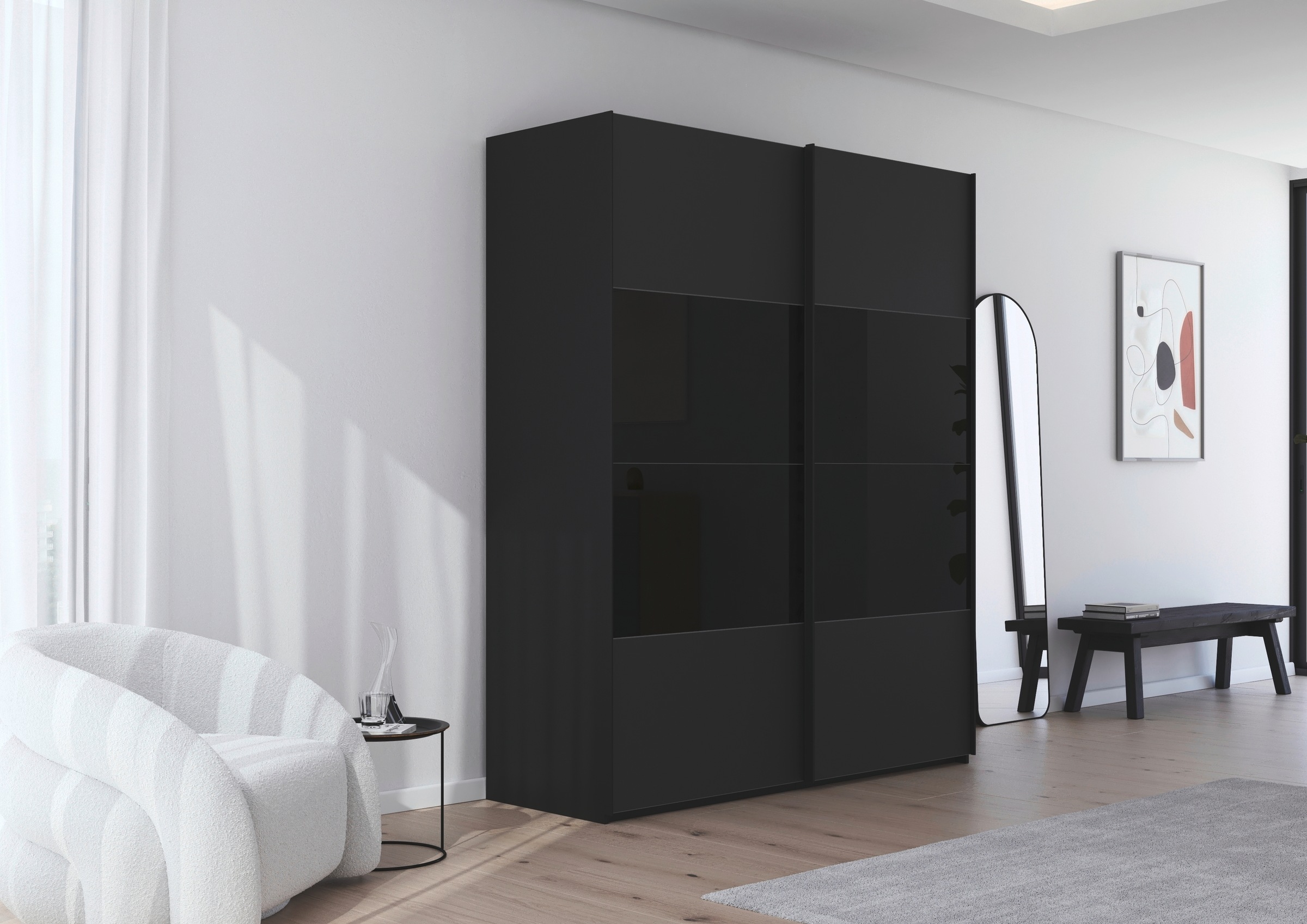 rauch Schwebetürenschrank »Kleiderschrank Schrank Garderobe Schlafzimmerschrank SCALE-FYRA«, edle Türen viergeteilt Glas matt/glänzend viele Farben MADE IN GERMANY