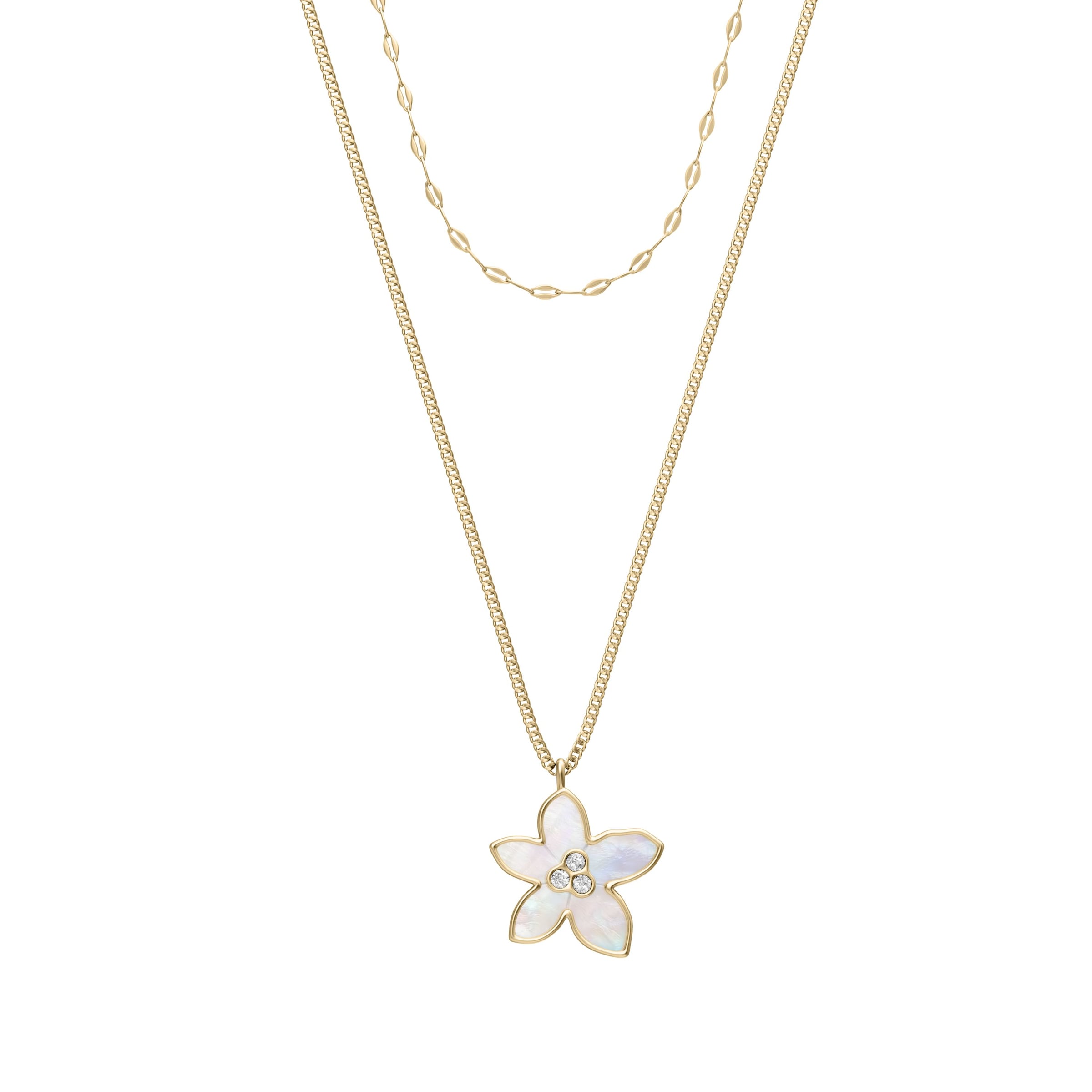 Fossil Kette mit Anhänger »Schmuck Geschenk Edelstahl Halskette Layering Blume Sutton« mit Glasstein - mit Perlmutt