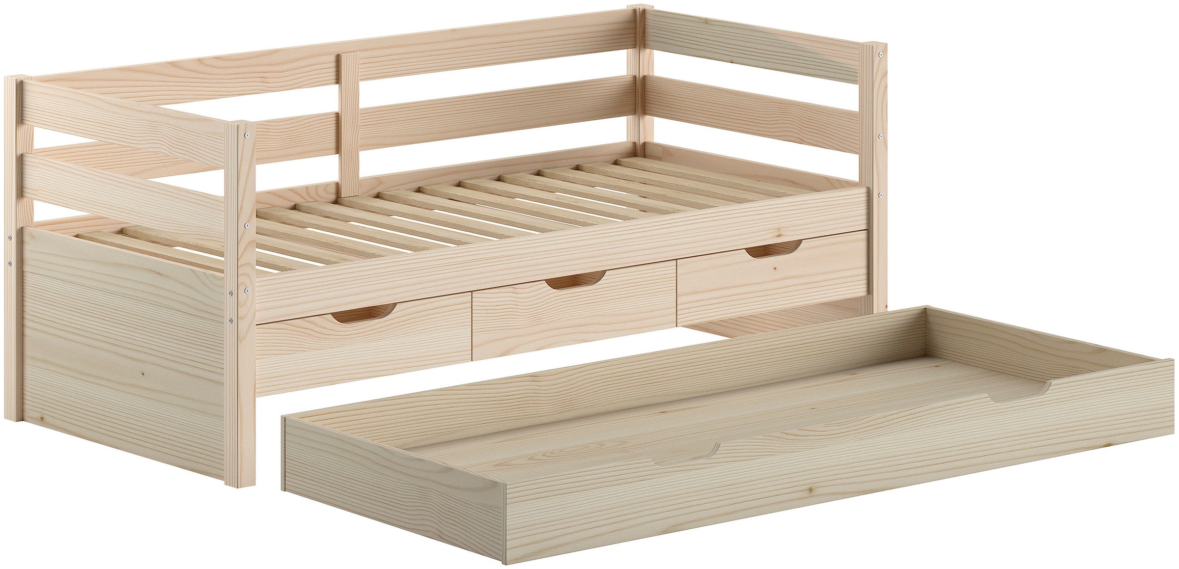Vipack Funktionsbett »Margrit mit Bettschublade, in zeitlosem Design, universell einsetzbar« Liegefläche 90 x 200 cm, inkl. Rolllattenrost und seitlichem Umbau,  Massivholzbett mit 3 Schubladen, wahlweise in 2 Farben erhältlich