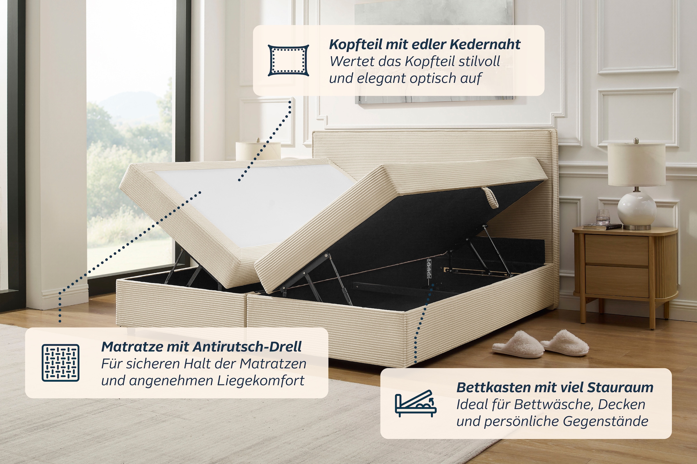 OTTO home Boxbett »ELIAAS, Polsterbett mit Bettkasten, inkl. Taschenfederkernmatratze H3« mit Kaltschaumtopper, Cord-Bezug mit eleganter Kedernaht, 180x200 cm,