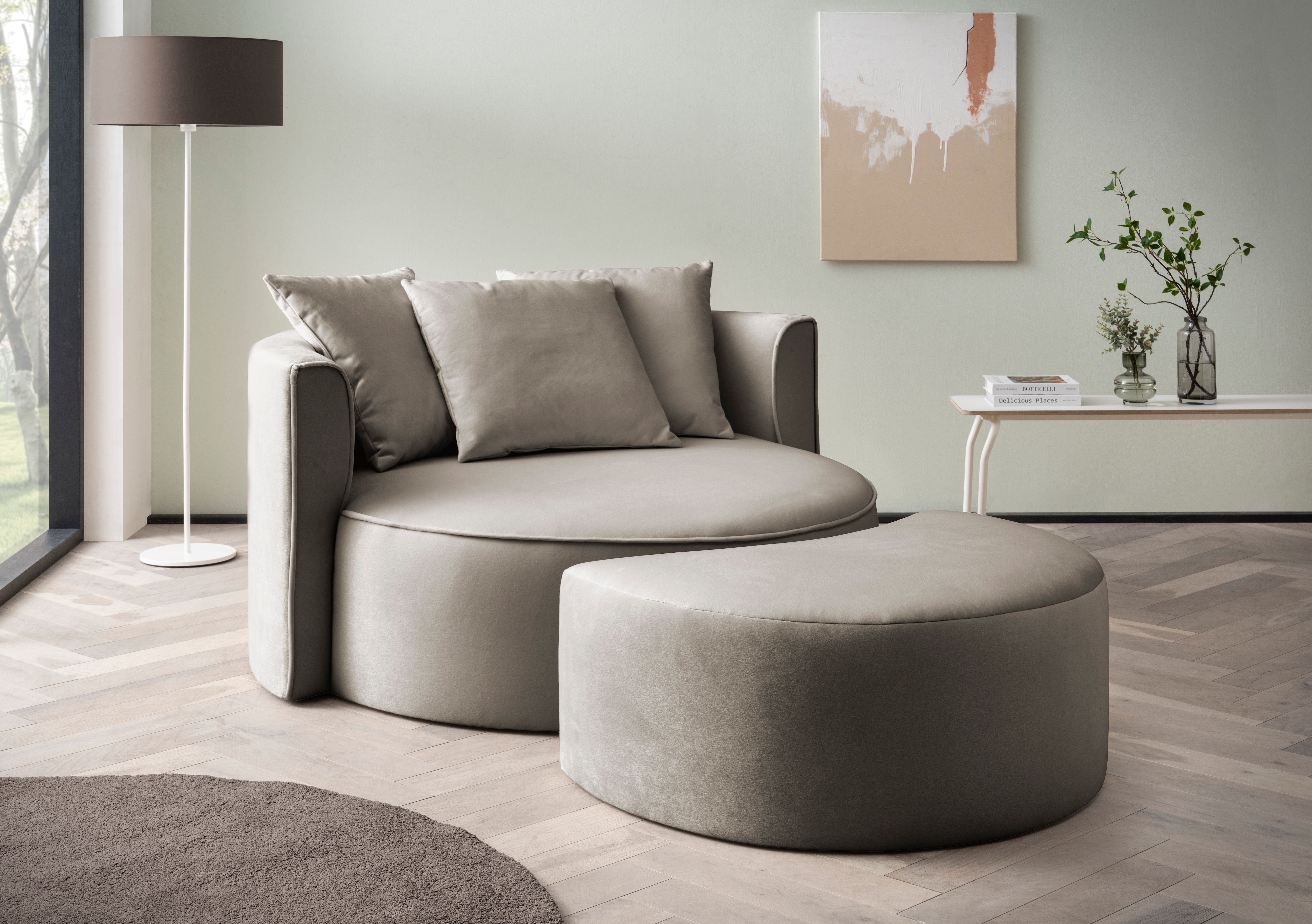 LeGer Home by Lena Gercke XXL-Sessel "ISALIE Samtoptik, Rundsessel m. Hocker, Lesesessel,Loveseat,Big-Sessel" Set, trendige Bezugsstoffe, 3 Zierkissen, große Sitzfläche