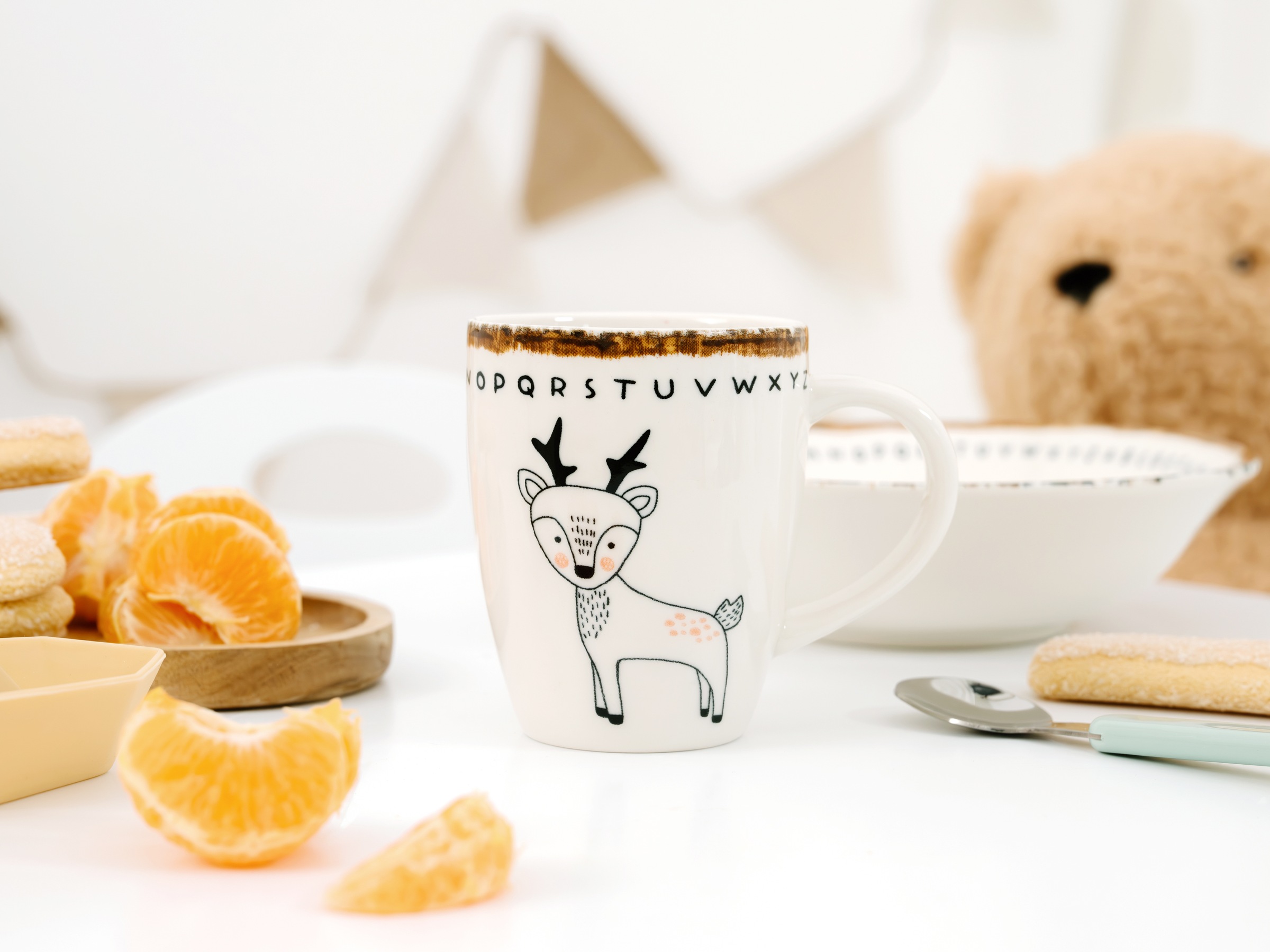 CreaTable Kindergeschirr-Set »Freunde des Waldes Reh, Kinder Set 3-tlg.« Tiermotive, skandinavischer Stil, unregelmäßiger brauner Rand