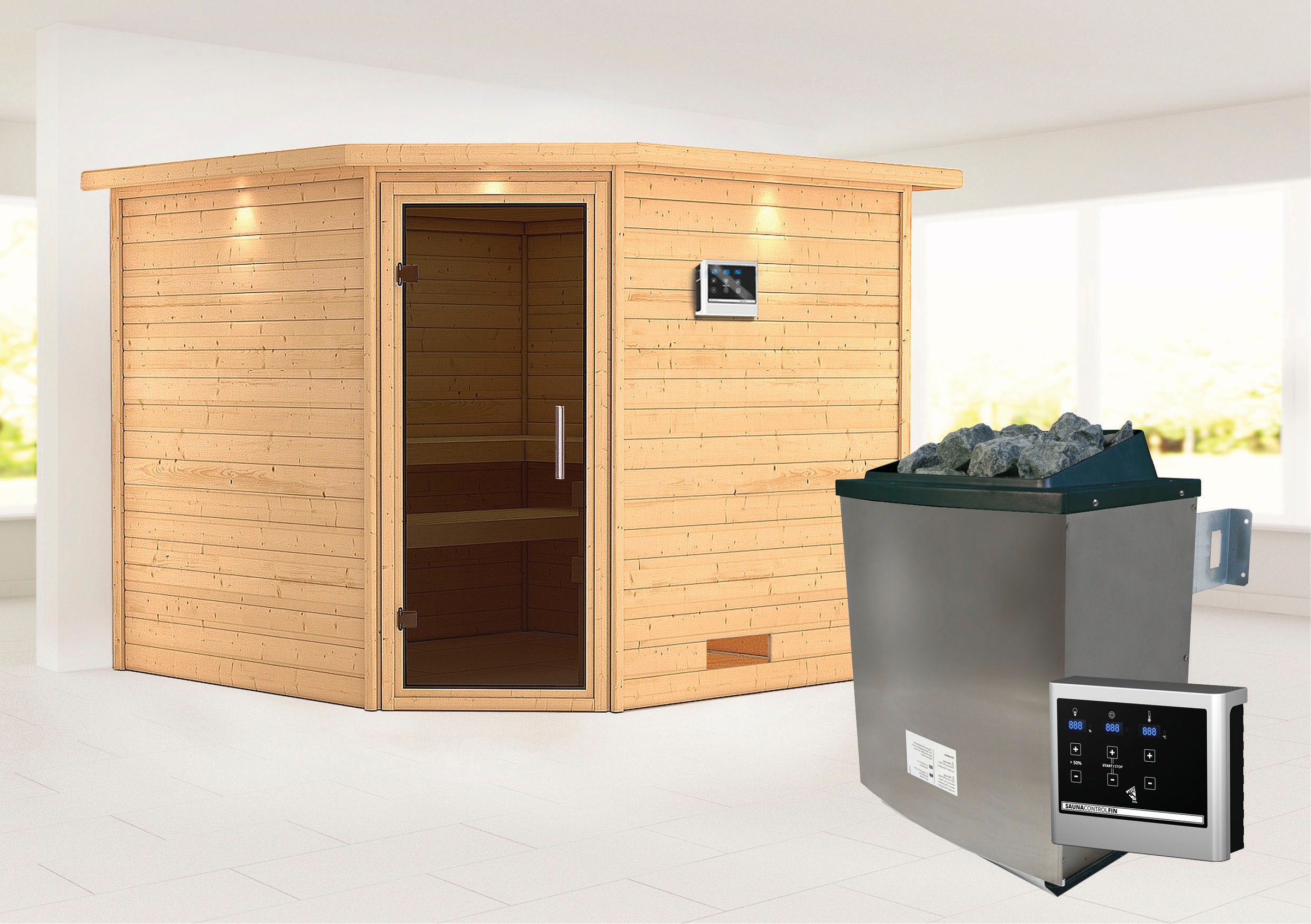 Karibu Sauna ""Leona" mit Kranz und graphitfarbener Tür Ofen 9 KW externe Strg", aus hochwertiger nordischer Fichte