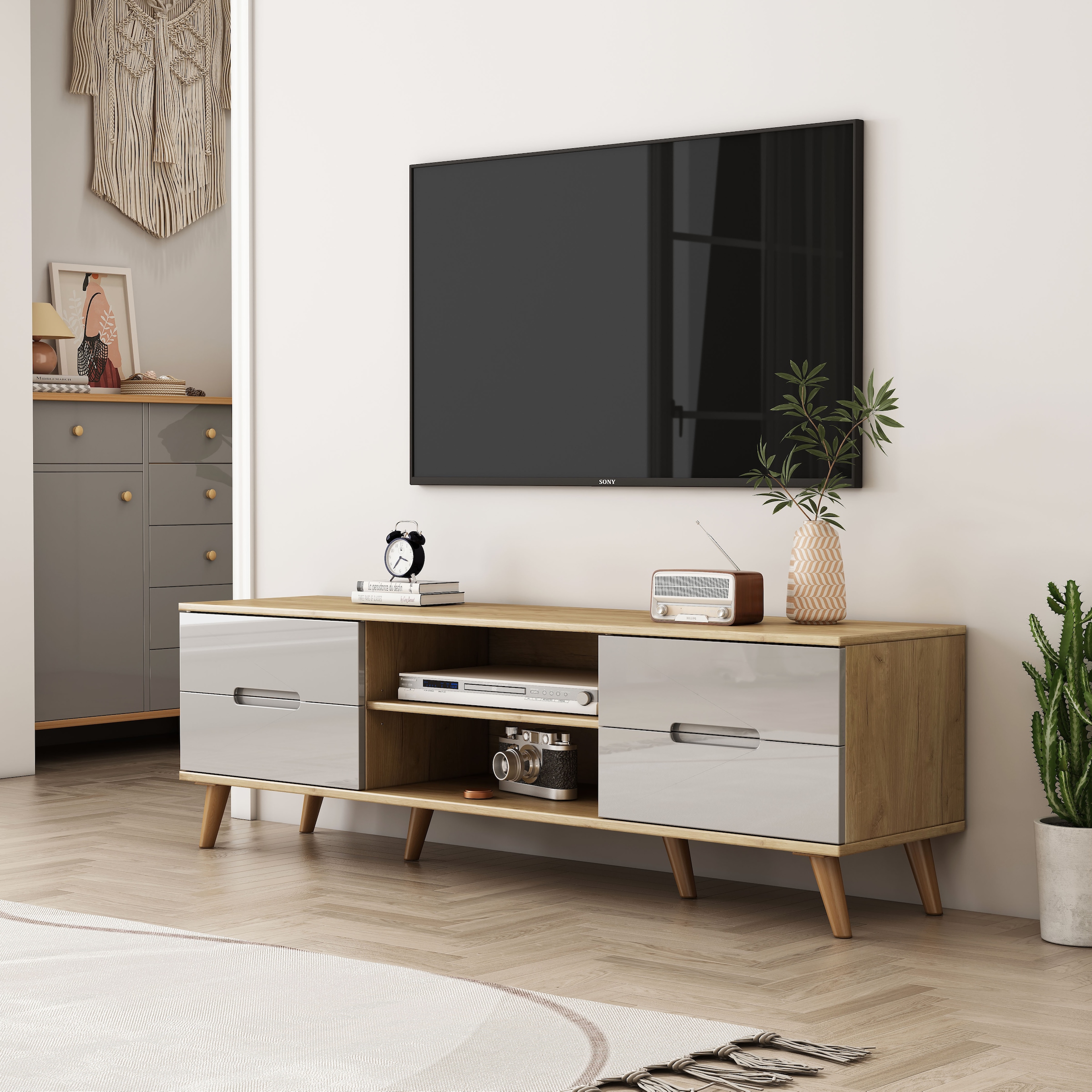 OTTO home TV-Board »Lund« glänzende Fronten, Kabeldurchführung, helles Holzdekor, Breite 160 cm