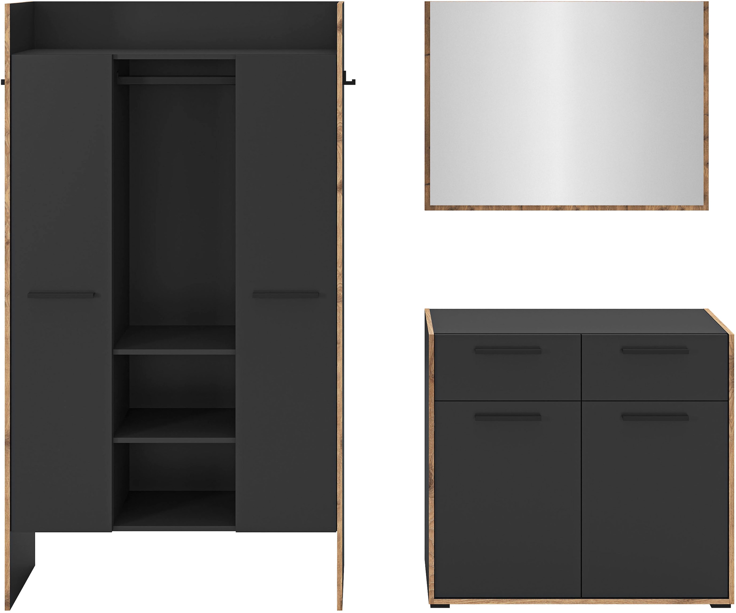 INOSIGN Garderoben-Set »MUSTA, 3-teilig: Garderobenschrank, Kommode & Garderobenspiegel«, Kombination, Kompaktgarderobe, Garderobenkombination, Garderobe