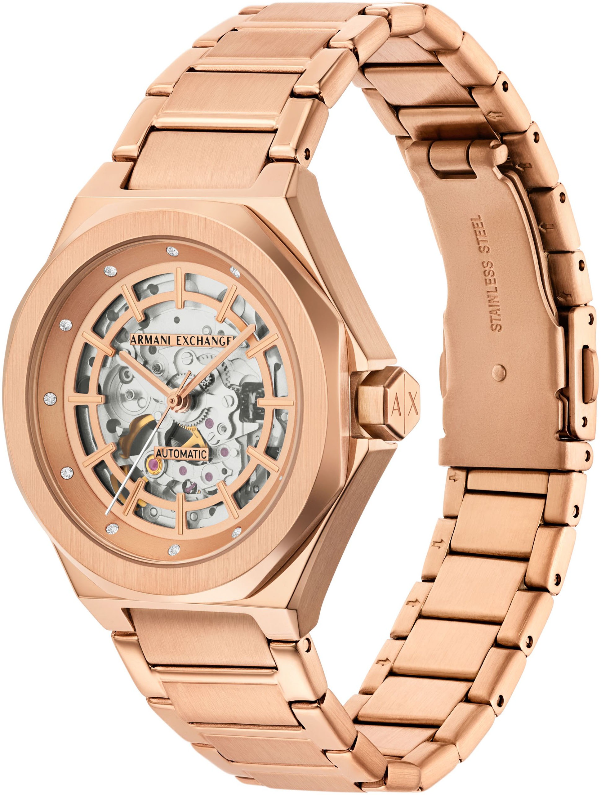 ARMANI EXCHANGE Automatikuhr, Armbanduhr, Damenuhr, Mechanische Uhr, Edelstahlarmband, analog
