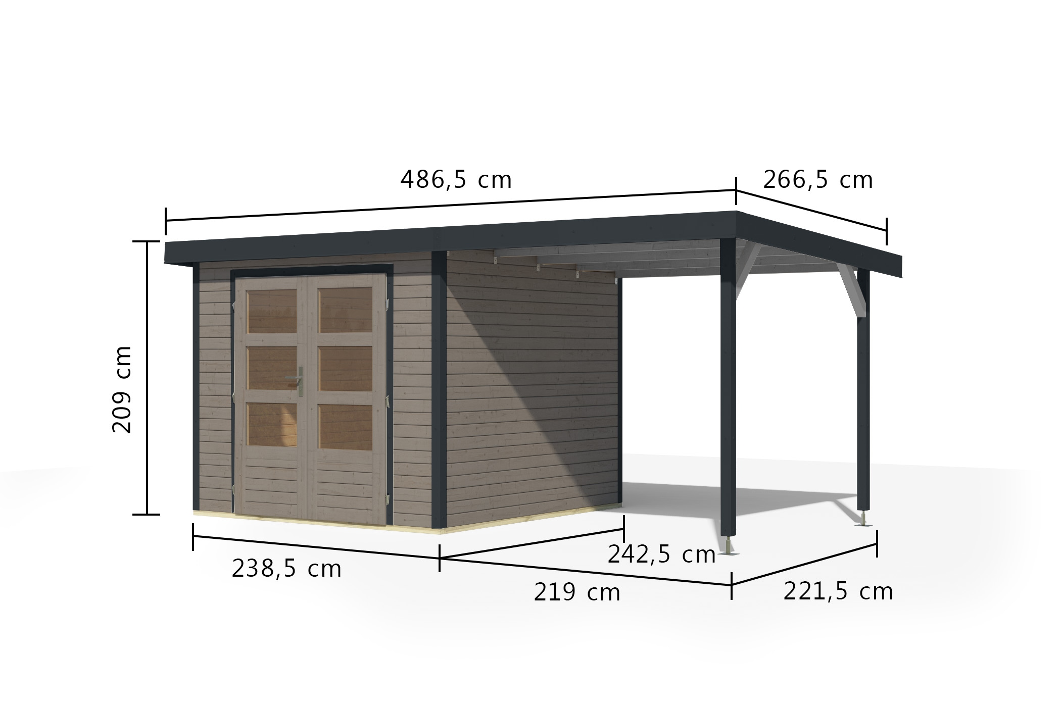 Karibu Gartenhaus »"Jupiter 3,5 D" SET wassergrau, mit Anbaudach 2,35 m breit«, hochwertige Materialien: nordische Fichte, Stahlecken, Trapezblechdach