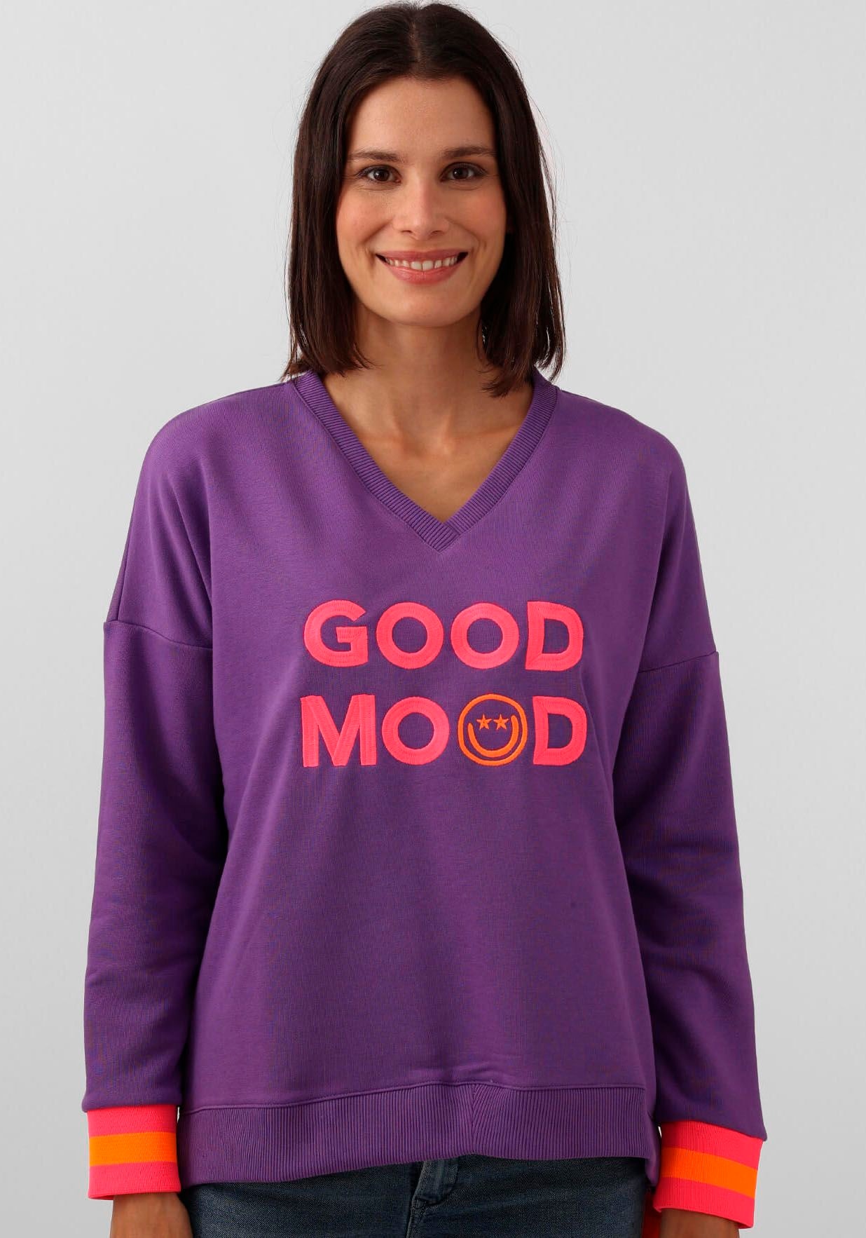 Zwillingsherz Sweatshirt "Dana", mit "Good Mood"-Schriftzug und neonfarbenen Bündchen