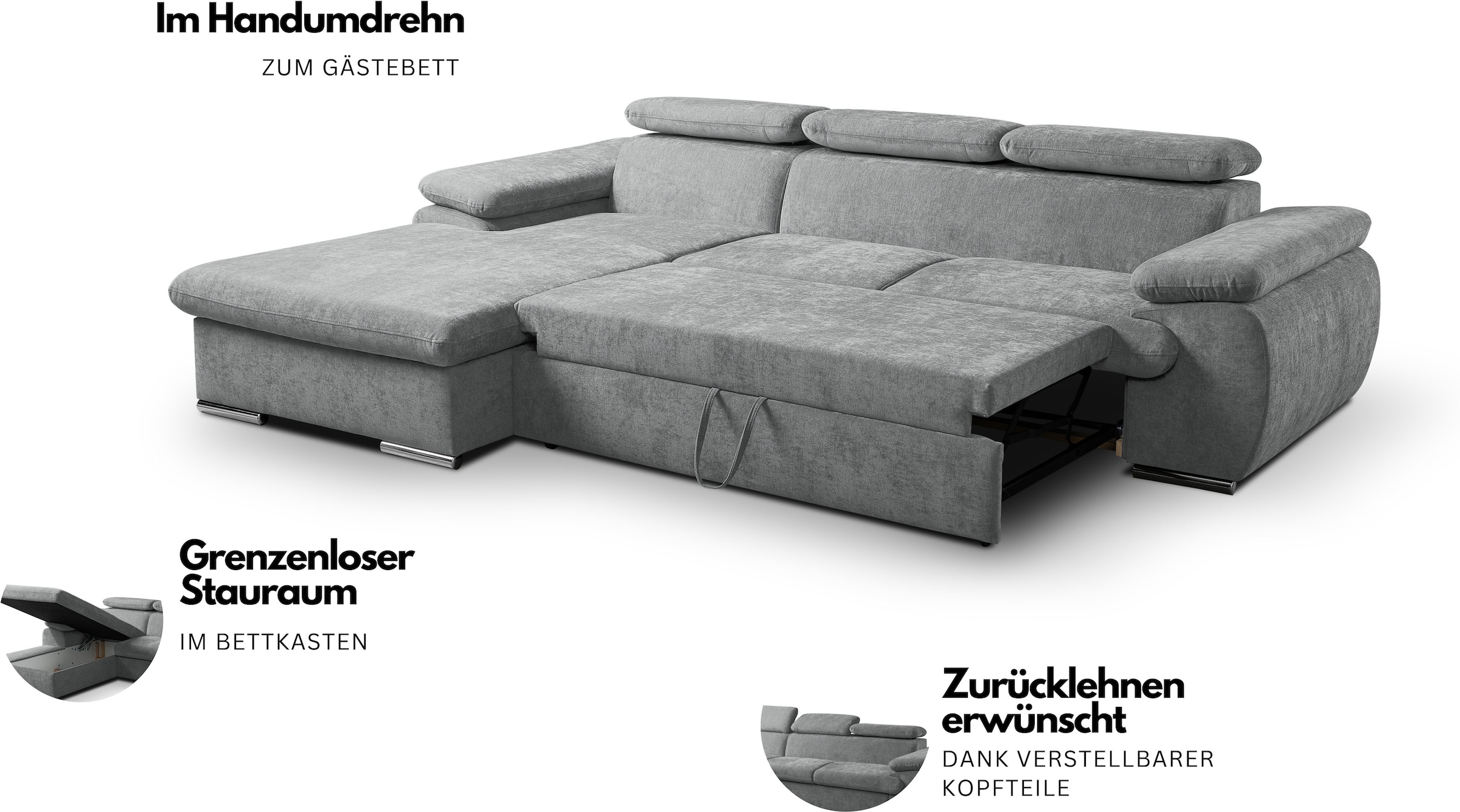 WERK2 Ecksofa »Cosmo modern und bequem, Breite 282cm, L-Form« Eckcouch mit Schlaffunktion, Bettkasten & verstellbaren Kopfteilen