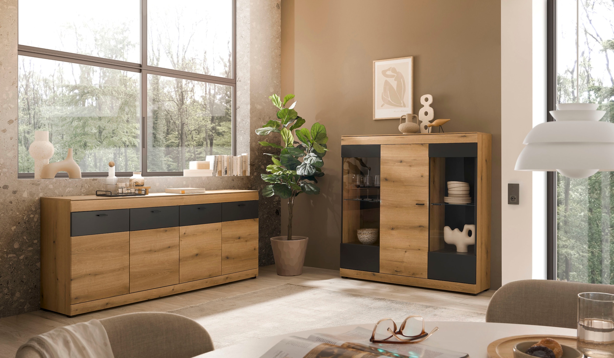Home affaire Highboard »Soleto, moderner Schrank, Vitrine in Eiche Evoke« zeitlos, schwarze Griffe aus Metall, ausreichend Stauraum