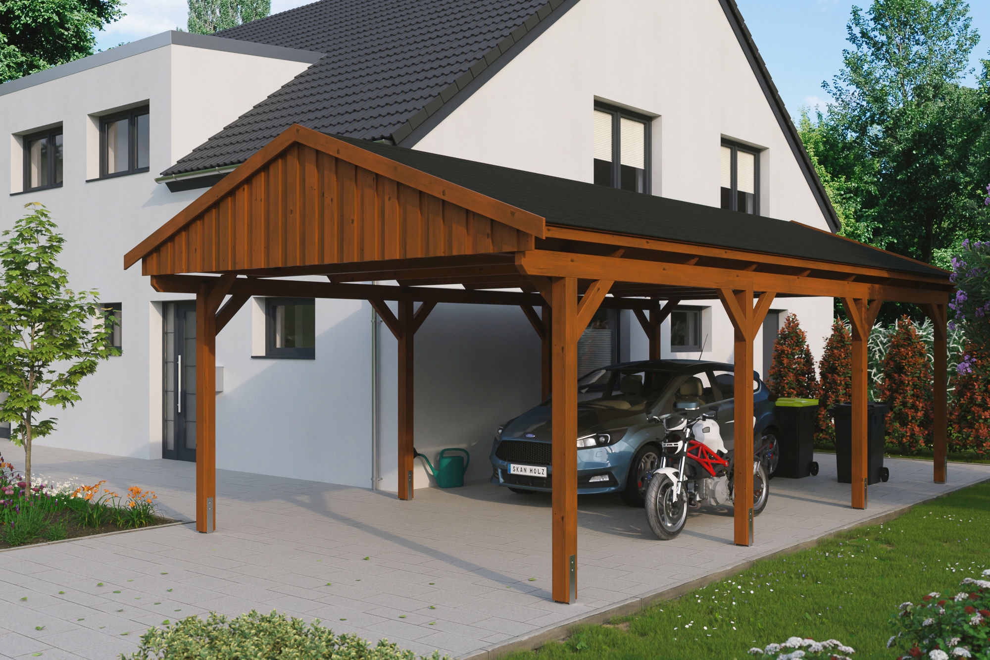 Skanholz Einzelcarport "Fichtelberg", Leimholz-Nordisches Fichtenholz, braun, mit schwarzen Schindeln