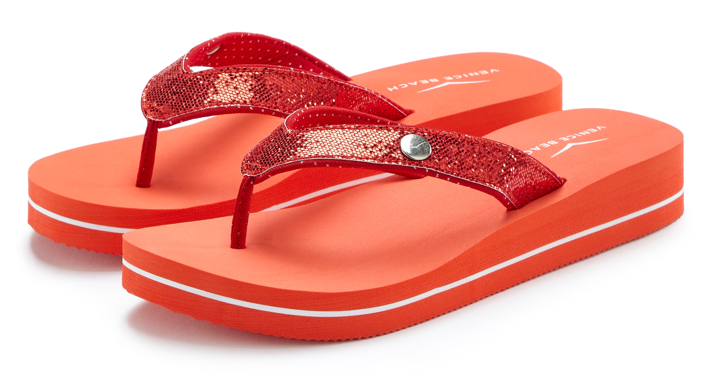 Badezehentrenner VENICE BEACH "Sandale, Badeschuh, Badelatsche, Flip Flop, Badeschlappe, Pantolette", Damen, Gr. 38, orange (rot), Obermaterial: 100% Textilmaterial. Decksohle: 100% Synthetik. Futter: 100% Textilmaterial. Laufsohle: 100% Synthetik, Glitze