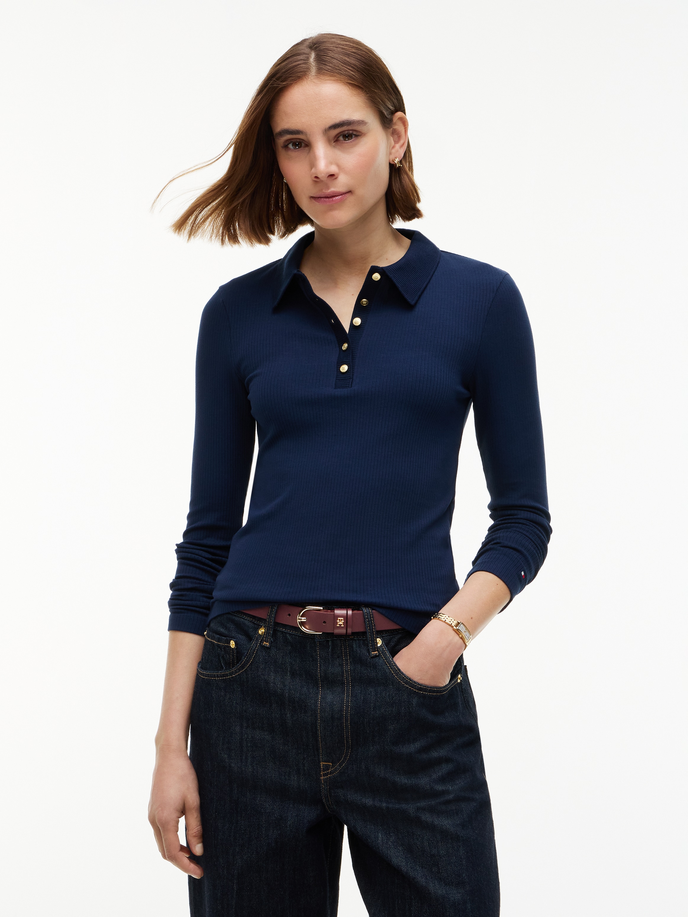 Tommy Hilfiger Poloshirt "5X2 RIB SLIM LS POLO" Viskosemischung, slim fit, figurbetont, in gerippter Struktur