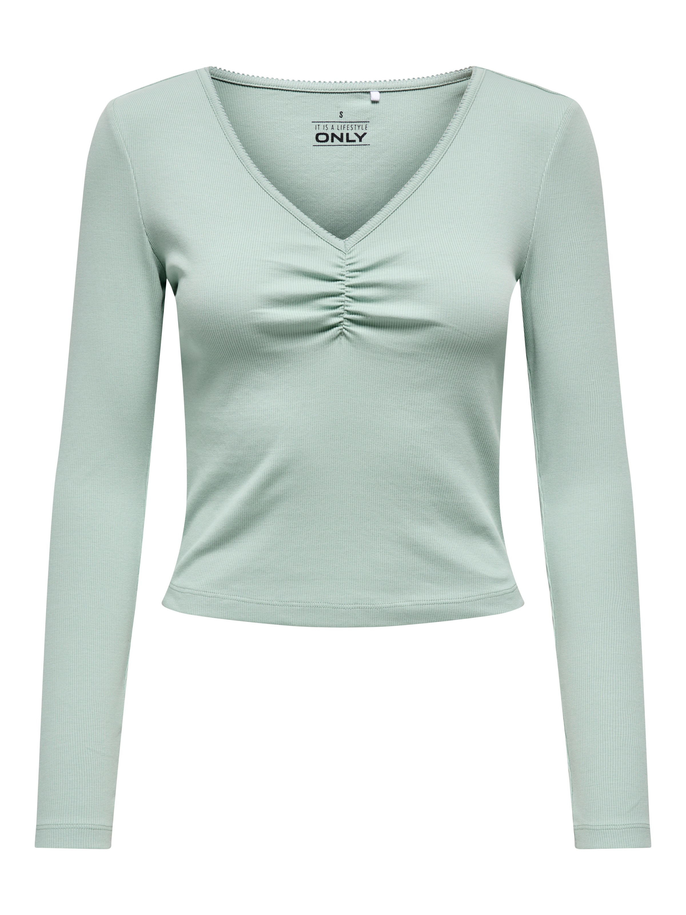 ONLY Langarmshirt »ONLBETTY LIFE L/S SCALLOP V-NECK CC JRS« mit Raffung am Ausschnitt