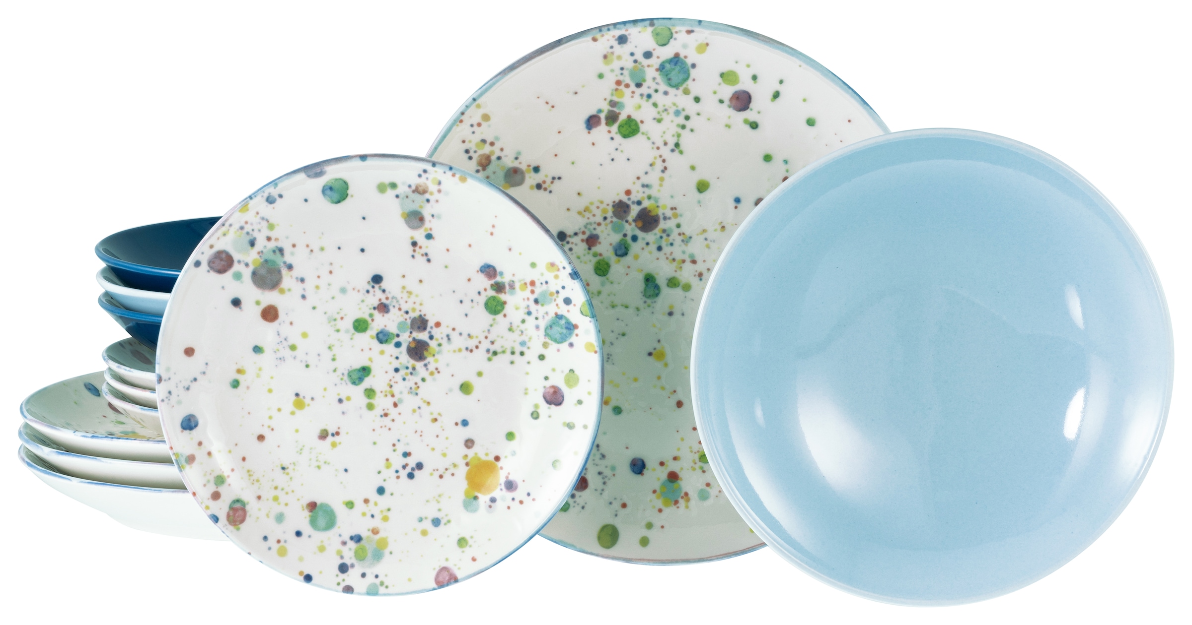 CreaTable Teller-Set »Candy Drops, Tellerset 12-tlg.«, (Set, 12 tlg.), Unregelmäßige bunte Punkte, Gute Laune Geschirr, Frisch, Freundlich