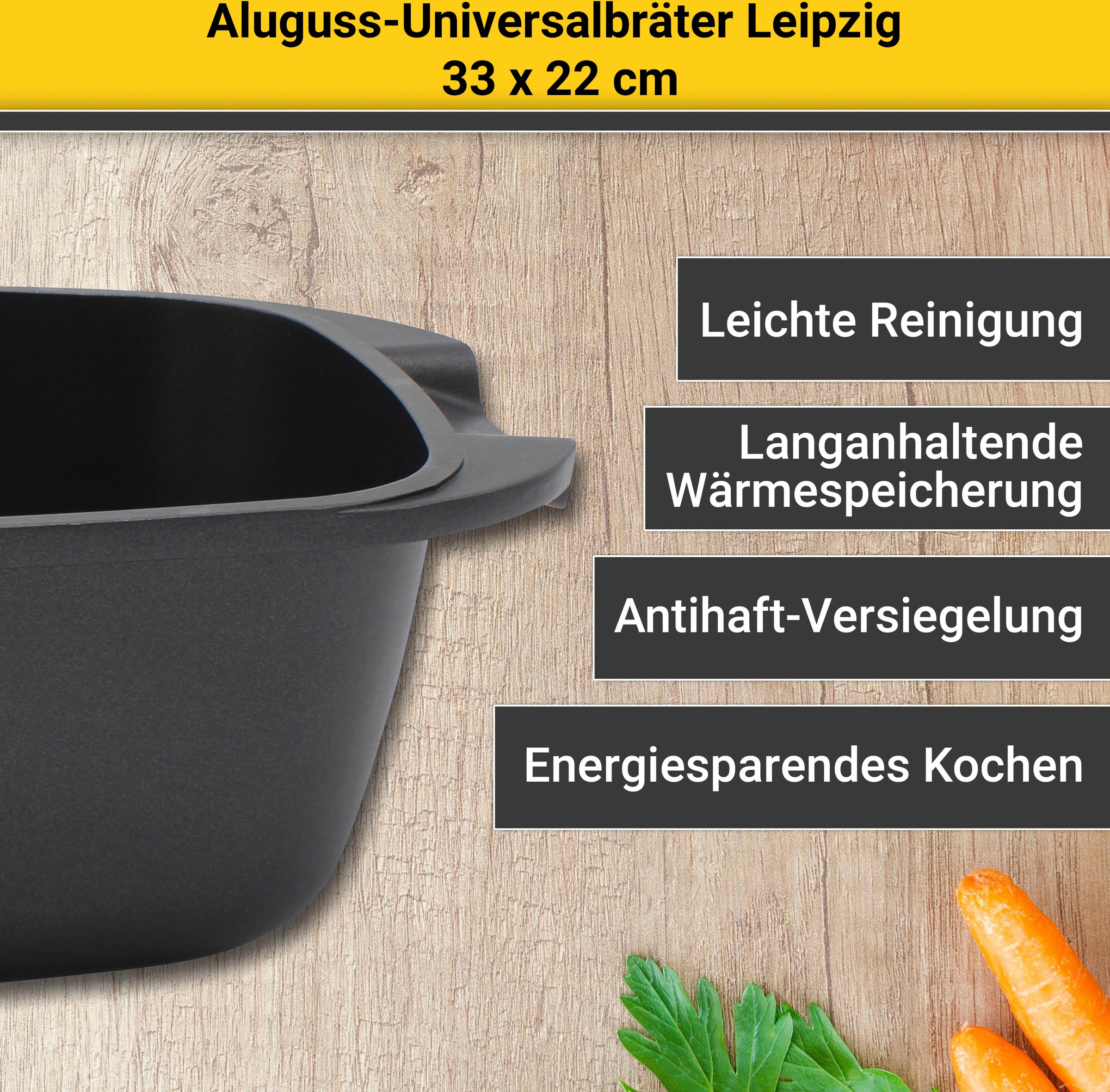 Aluguss-Universalbräter LEIPZIG mit Glasdeckel 33x21 cm