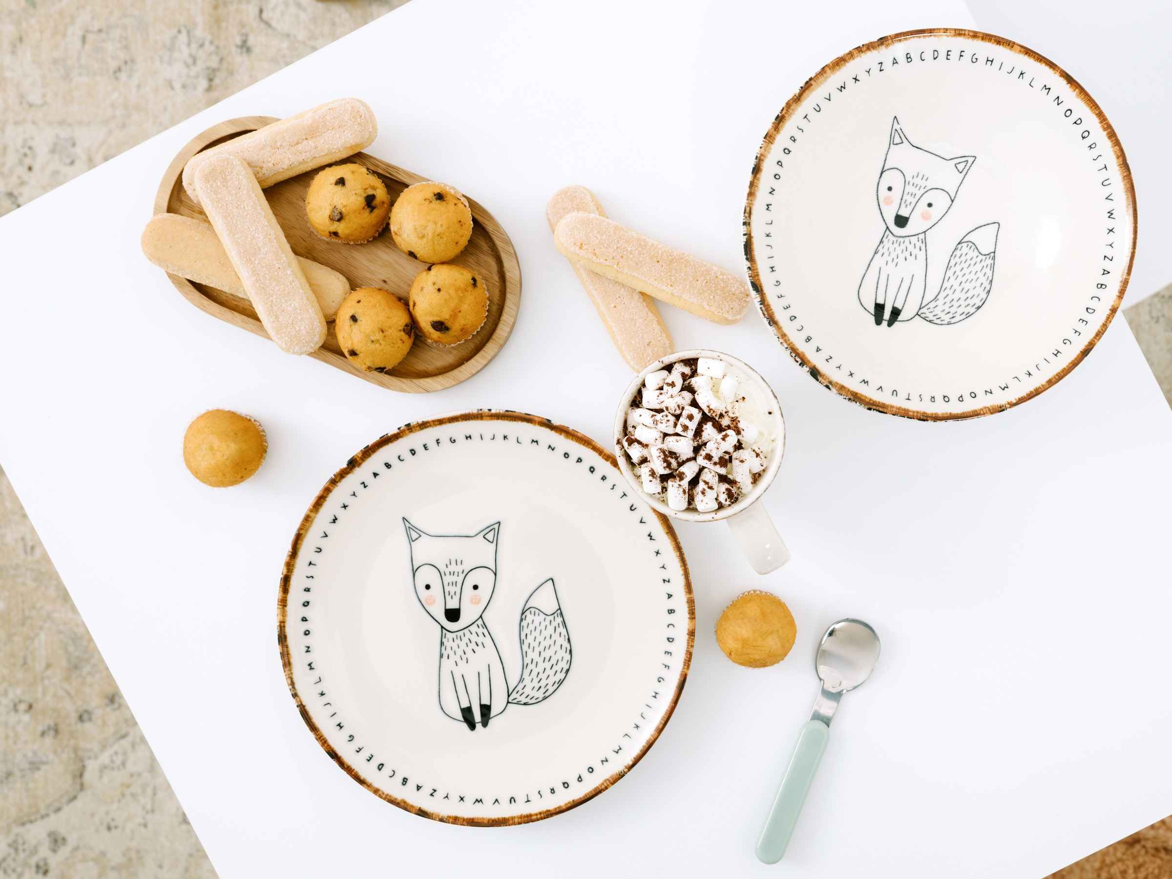CreaTable Kindergeschirr-Set »Freunde des Waldes Fuchs, Kinder Set 3-tlg.« Tiermotive, skandinavischer Stil, unregelmäßiger brauner Rand