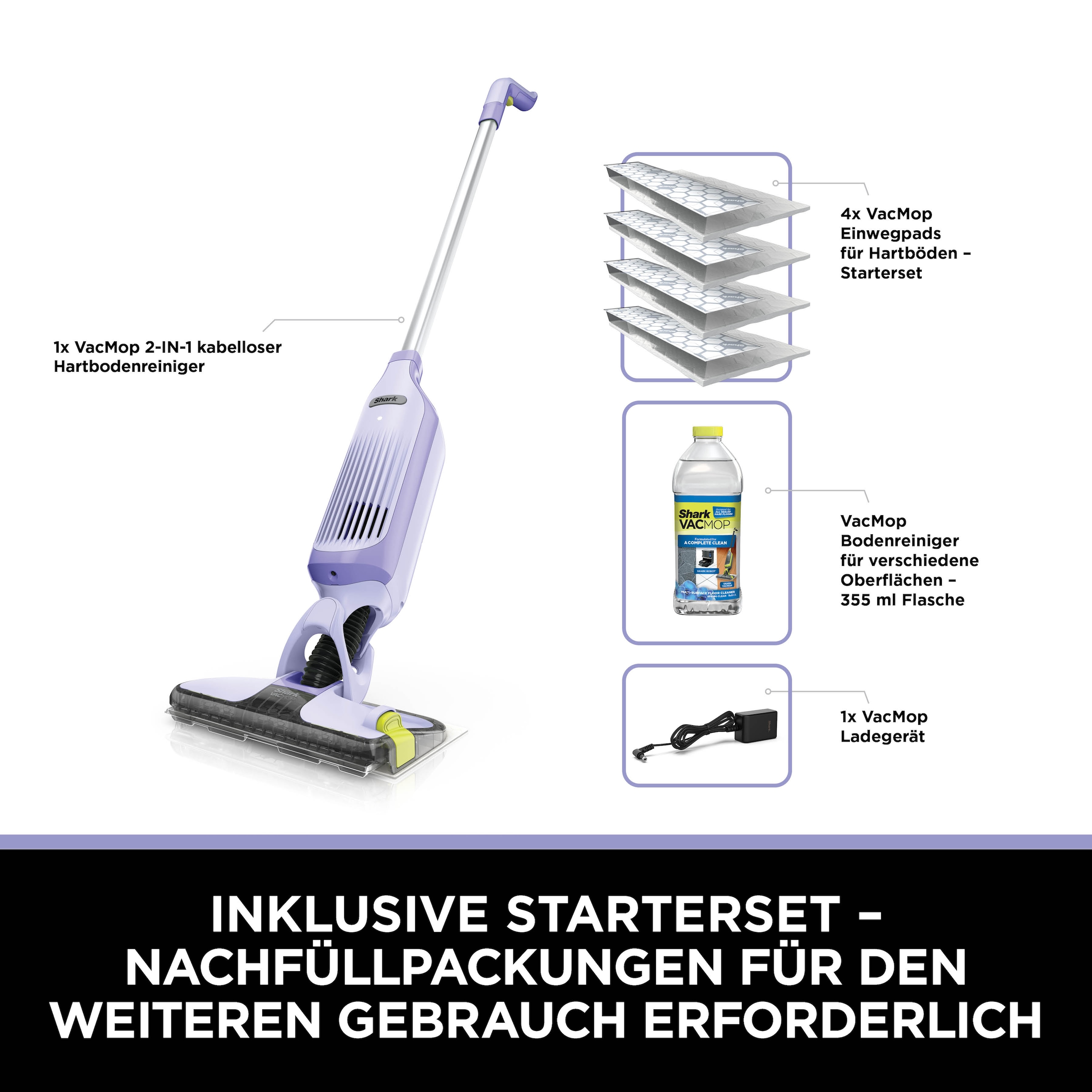 Shark Nass-Trocken-Akkusauger »Shark VacMop 2-in-1 kabelloser Staubsauger/Sprühmopp VM200EUPL« VOLLSTÄNDIGE REINIGUNG MIT EINEM EINZIGEN EINWEGPAD, kabellos, leicht