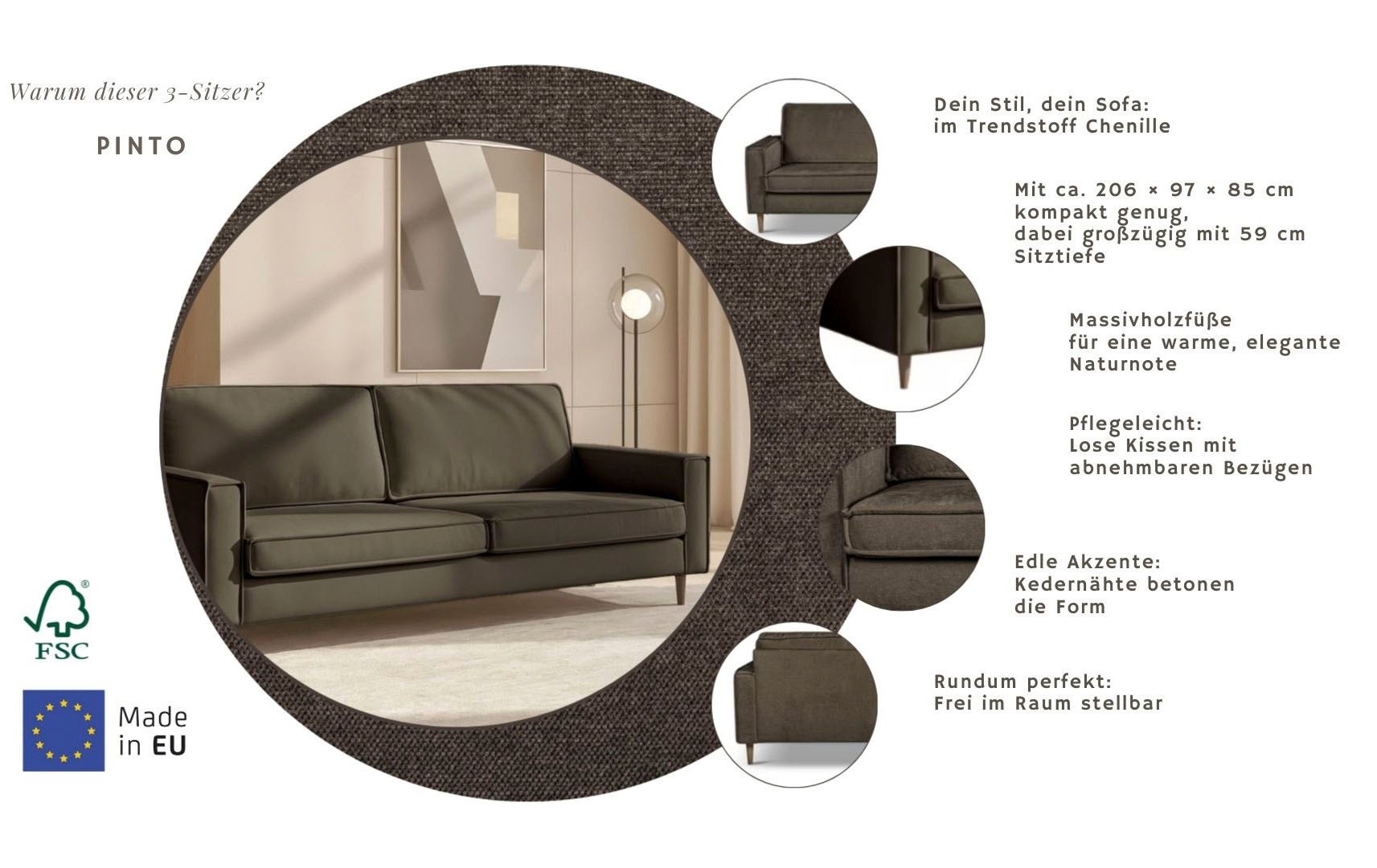 Thumbnail - Home affaire 3-Sitzer "Pinto Skandi, 206 cm, Chenille, Struktur" mit Keder, Massivholzfüße Eiche geräuchert, Wellenunter...