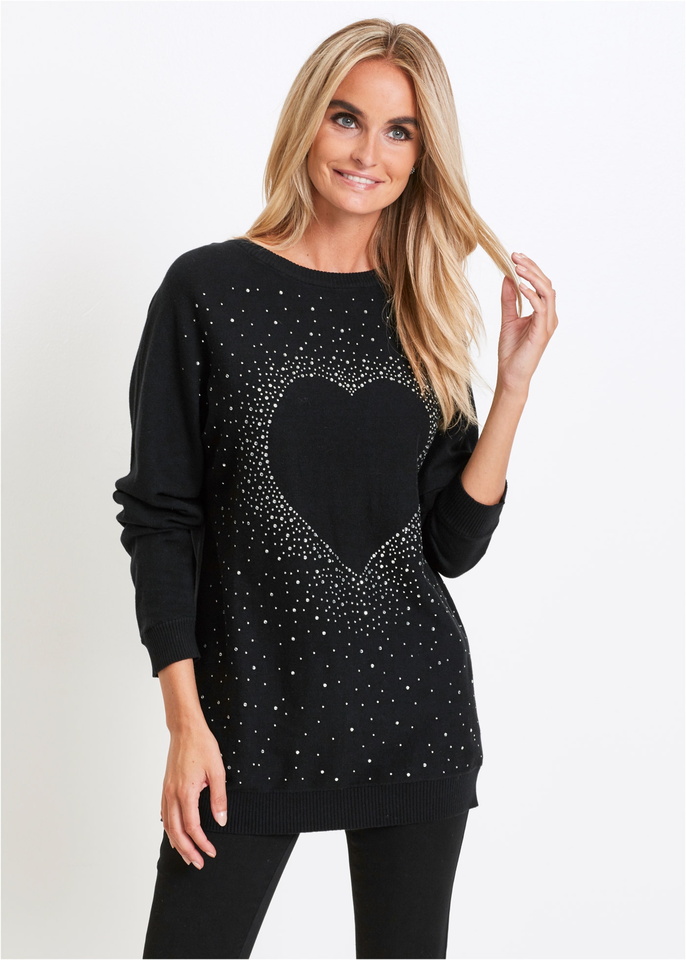 bonprix Longpullover "Long-Pullover aus Baumwoll-Mix" aus Baumwoll-Mix, mit Fledermausärmeln, mit Glitzersteinchen