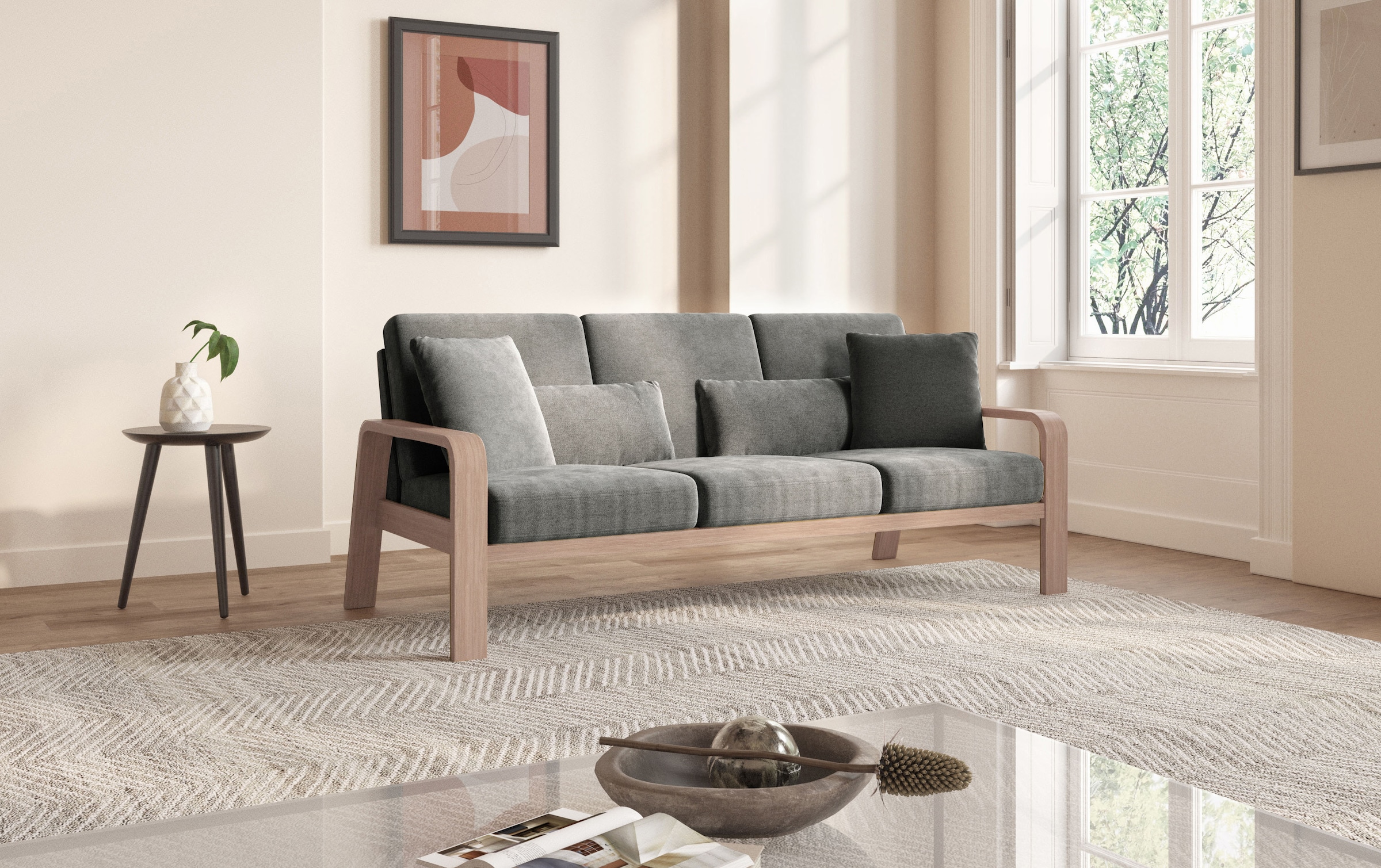 sit&more 3-Sitzer »Kolding«, Armlehnen aus Buchenholz in natur, verschiedene Bezüge und Farben