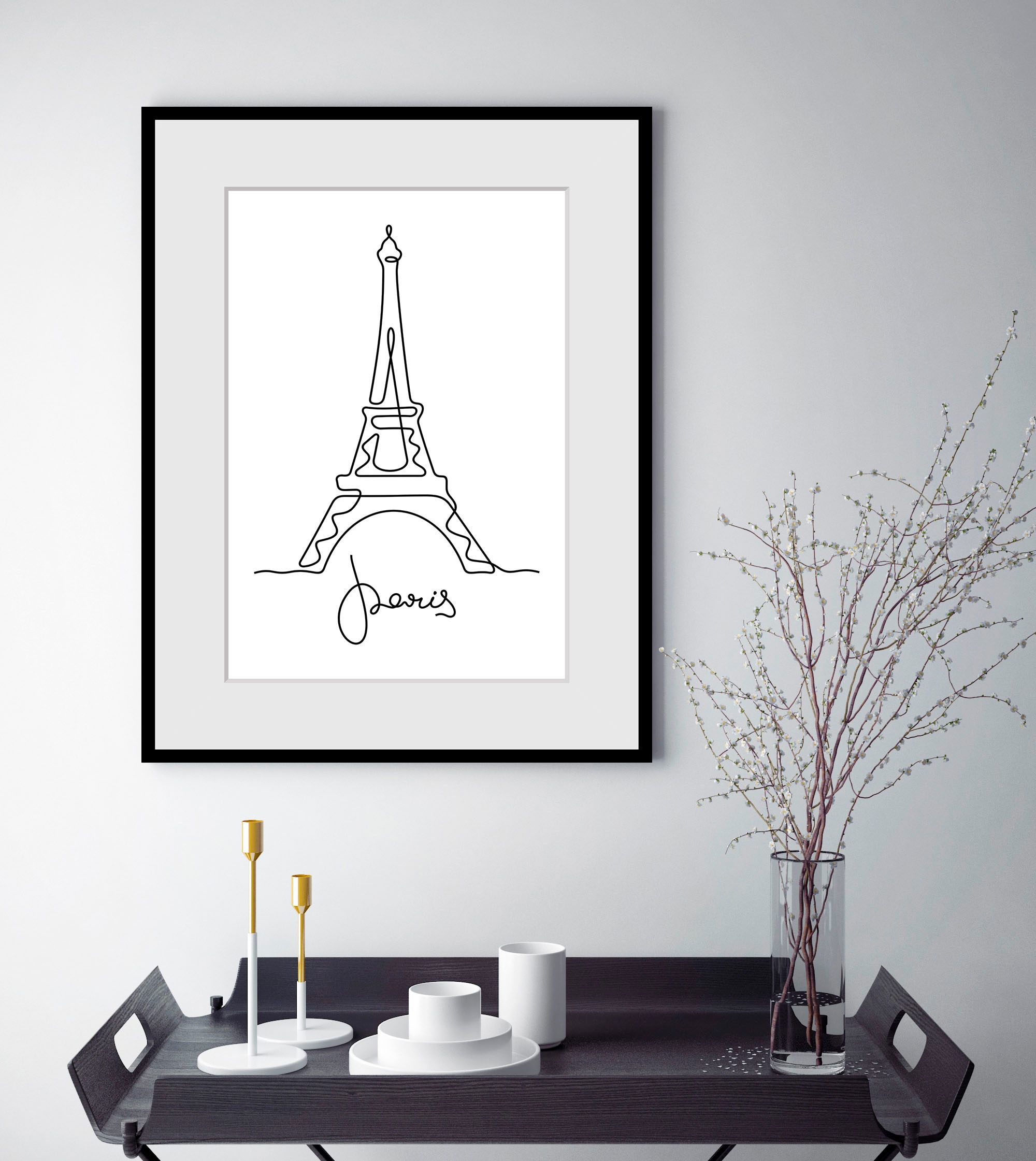 queence Bild »Stadt der Liebe«, Paris-Frankreich-Gebäude-Kunst-Schriftzug-Schwarz-Weiß, (1 St.), HD Premium Poster-Druck inkl. Holzrahmen