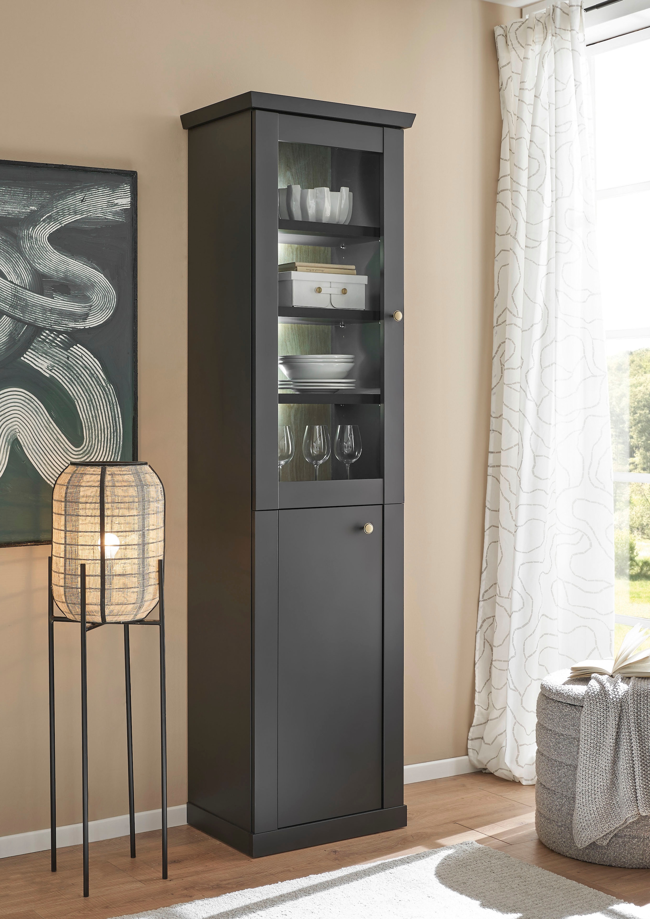 Home affaire Vitrine »Lincoln, Hochschrank im Landhausstil, moderne Glasvitrine« edles Design, messingfarbene Knopfgriffe, vielseitig einsetzbar